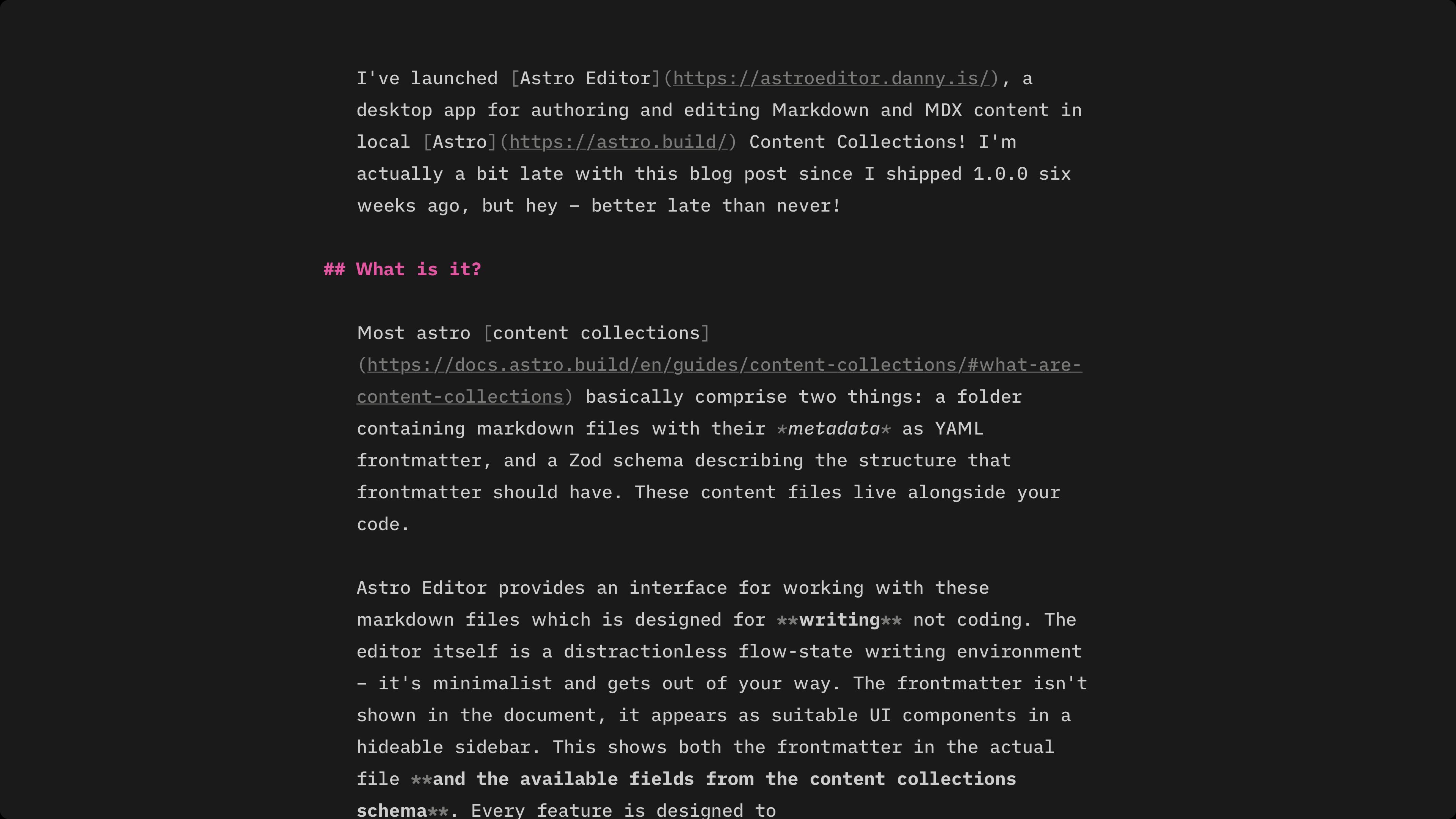 The Astro Editor app showing this article being written, with the frontmatter sidebar visible on the right