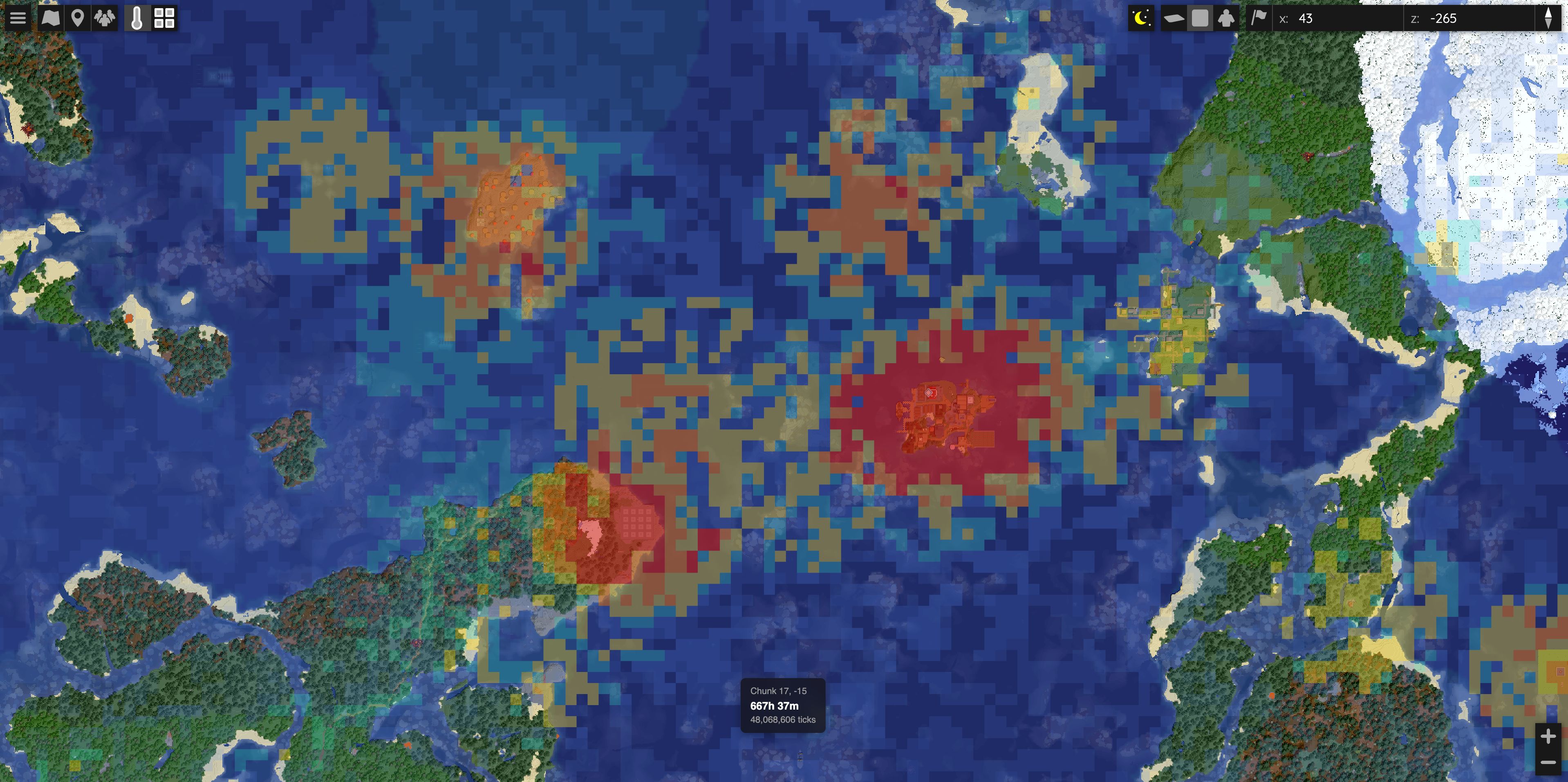 Heatmap overlay on BlueMap's flat view, with chunks coloured by inhabited time