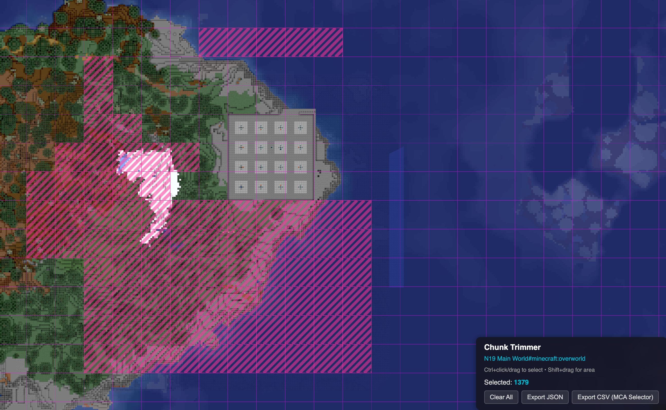 Chunk Selector mode in BlueMap, with several chunks highlighted as selected for trimming