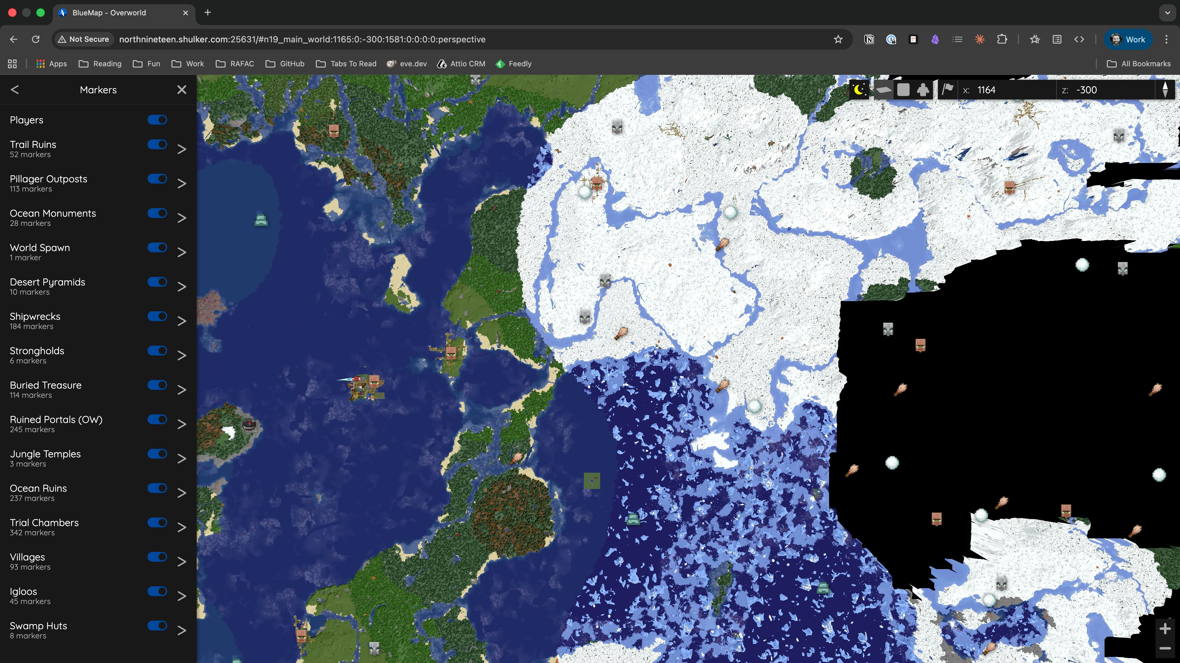 BlueMap view with chunkbase-style structure markers overlaid on the world map