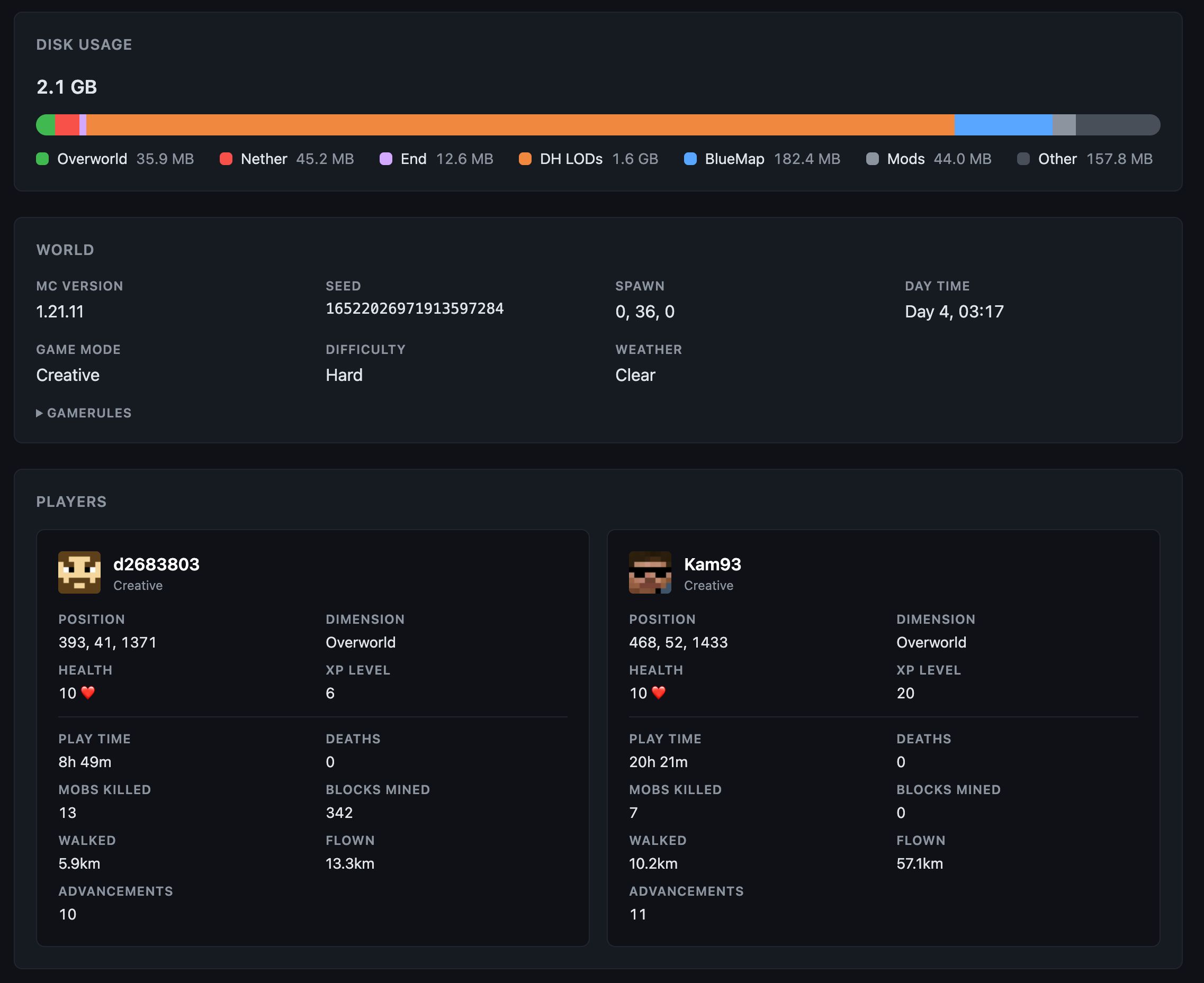 mc-infra world data view showing per-world details and stats