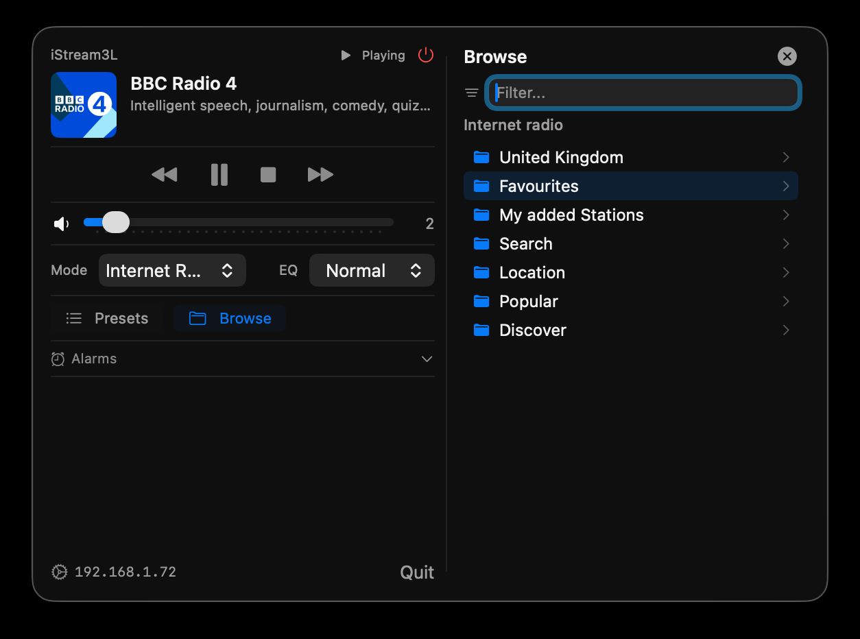 macOS menubar app showing what's playing on the Roberts radio with playback controls