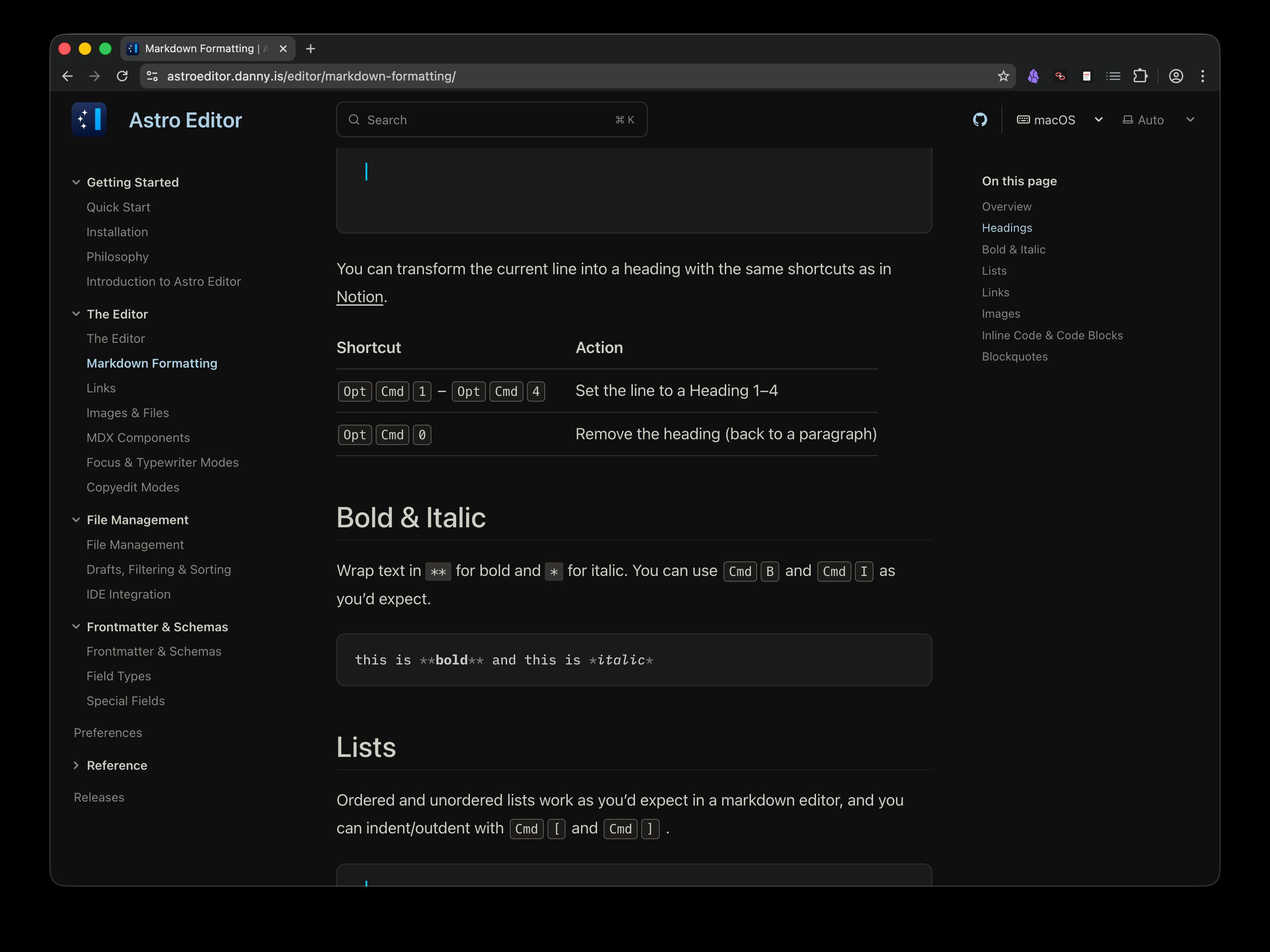 Screenshot of Astro Editor's documentation site showing a random page