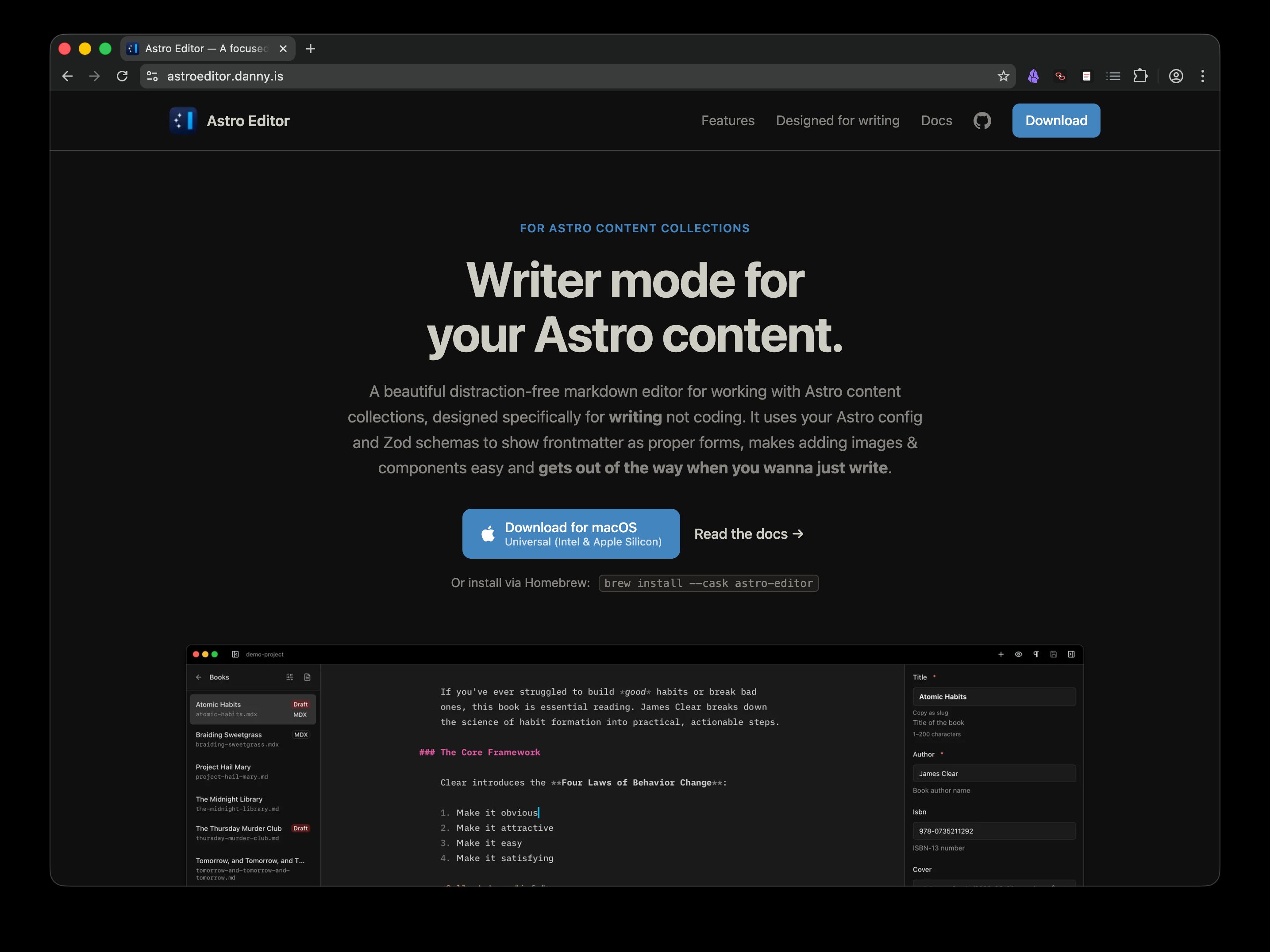 Screenshot of the Astro Editor website homepage