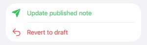 Options to push, publish, edit or delete a note