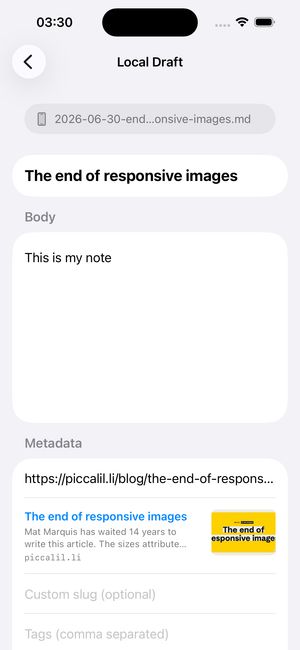 A new note in the app with title, sourceURL and body populated, showing a link preview