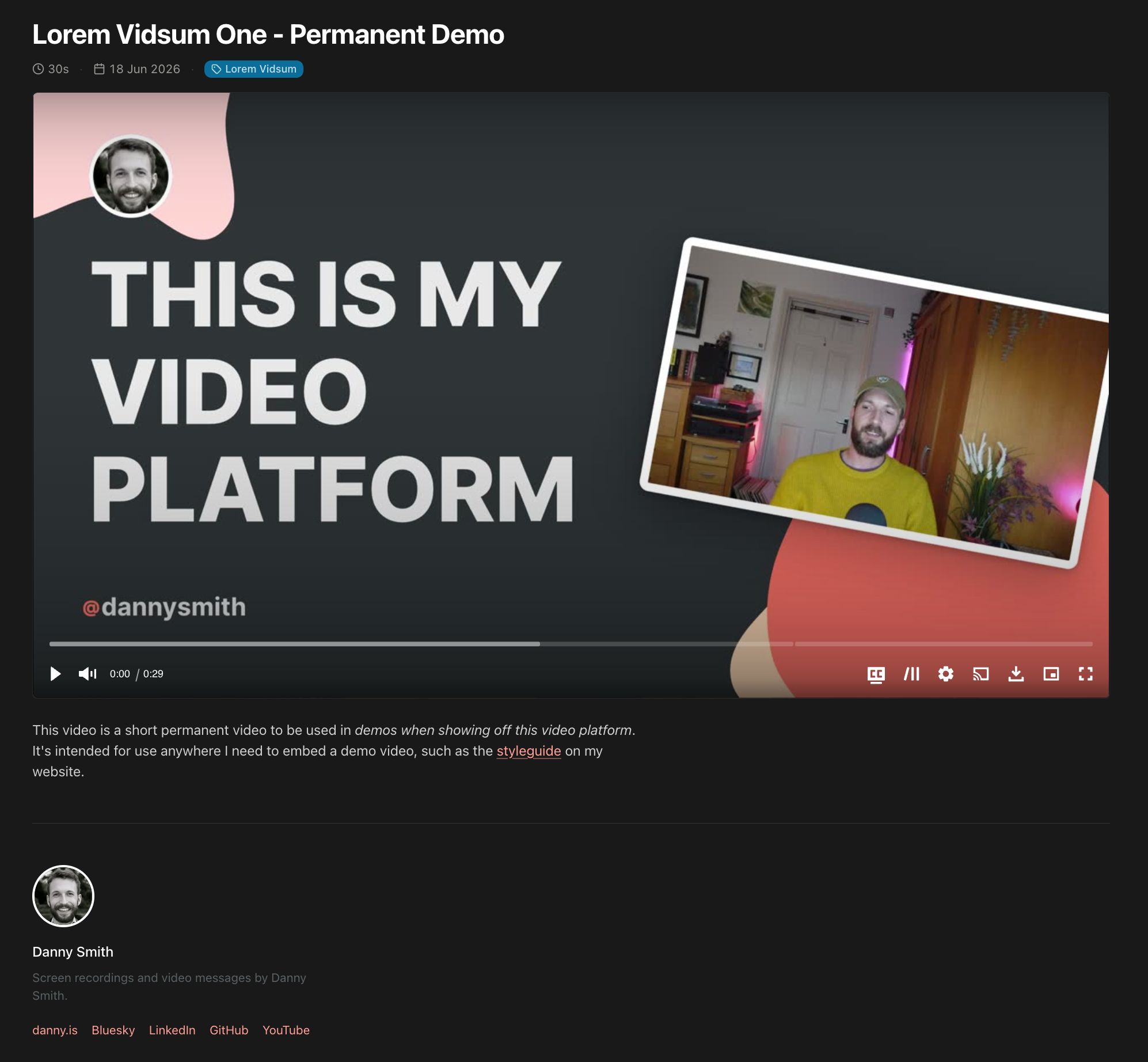 The public video page for a recording, showing the title, duration and date, a video player with a talking-head thumbnail and playback controls including subtitles, and a description with author details below.
