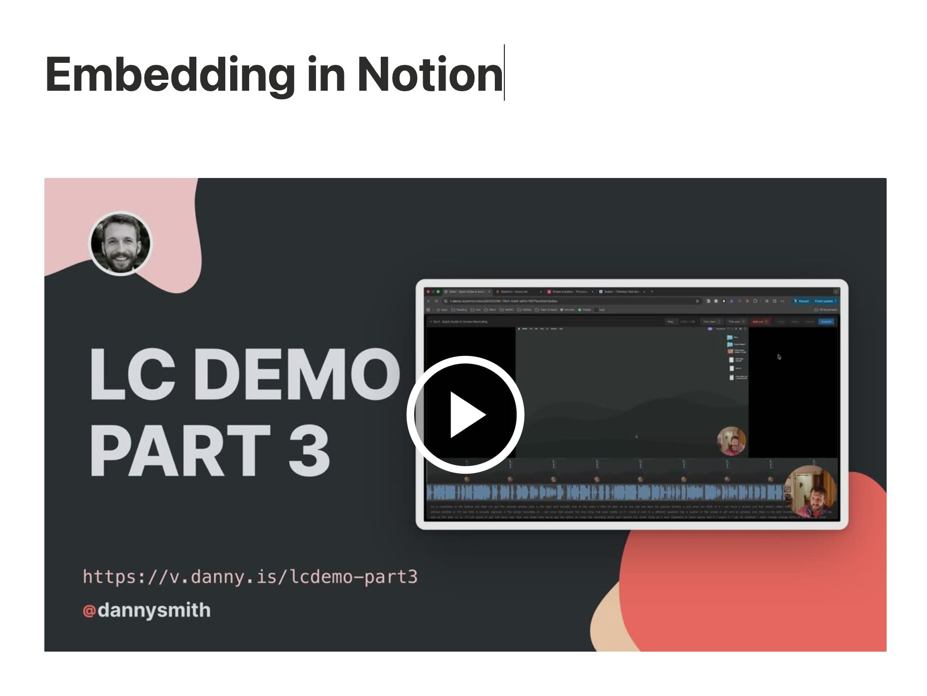 A LoomClone video embedded and playing inline within a Notion page