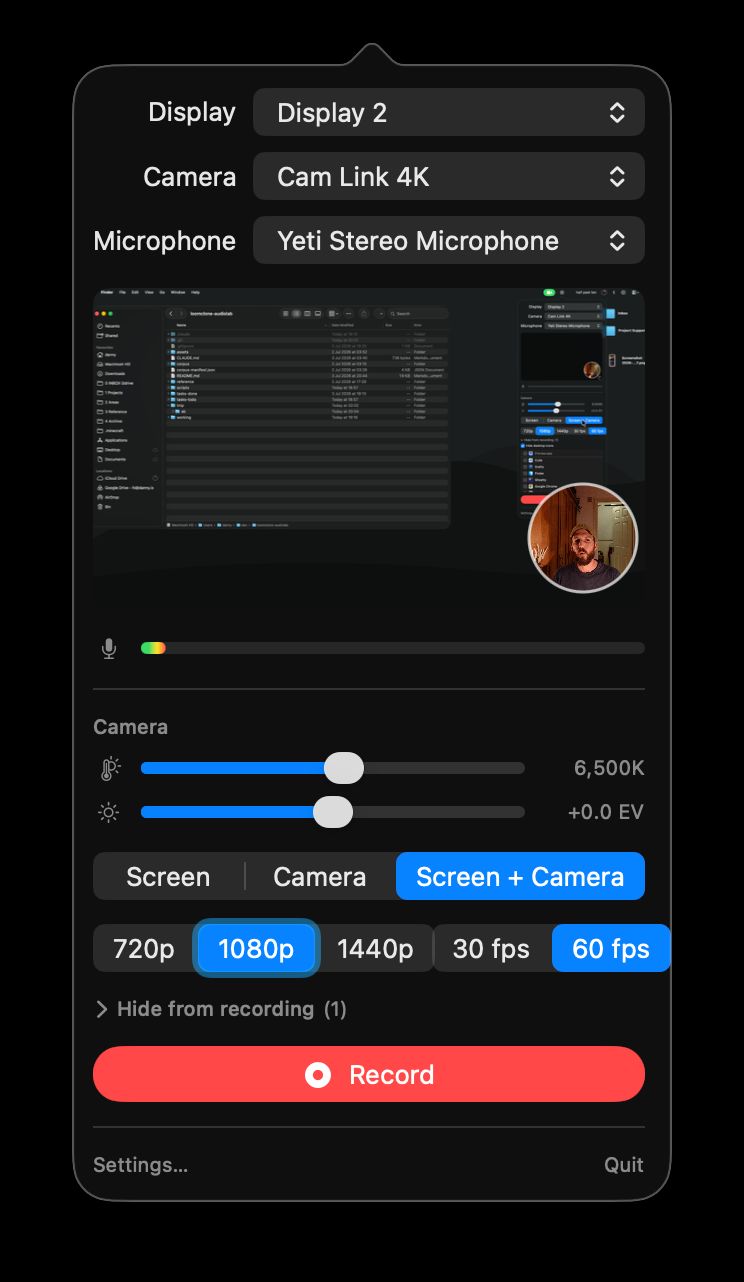 The LoomClone menubar popover showing display, camera and mic selectors, a recording preview, a sound meter, white balance and brightness sliders, and the starting-mode, quality and framerate controls