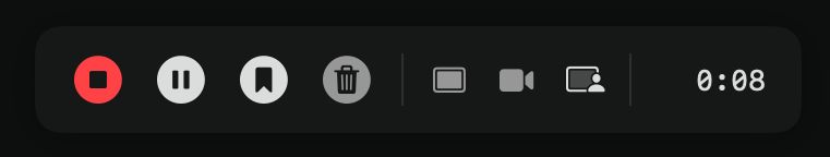 The floating recording toolbar with, from left to right, stop, pause, add-chapter-marker, cancel and mode-switcher controls plus a recording-length timer