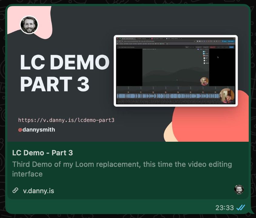 A LoomClone video link shared in WhatsApp showing a rich preview with thumbnail and title