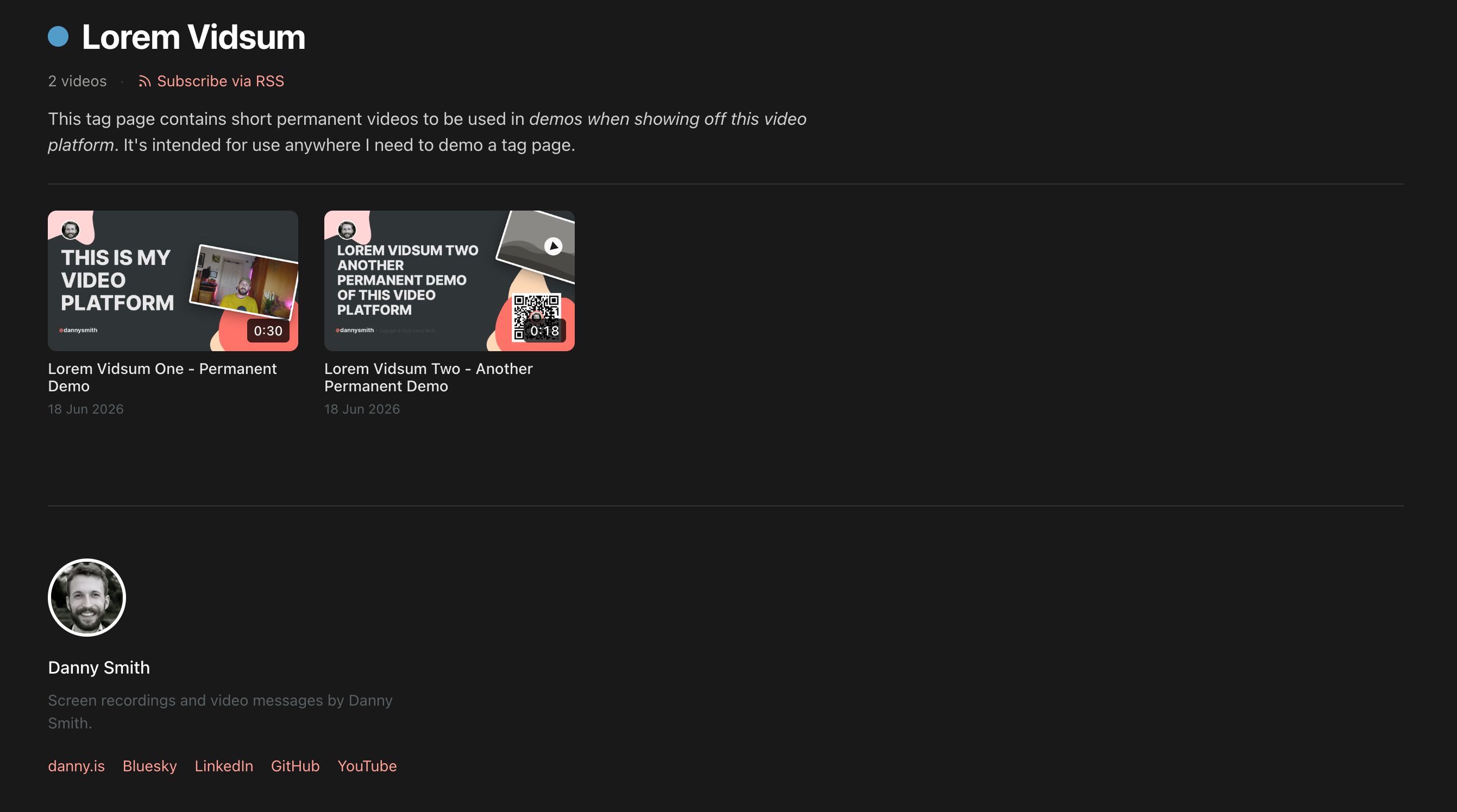 A public tag page on v.danny.is listing several videos as a collection or playlist