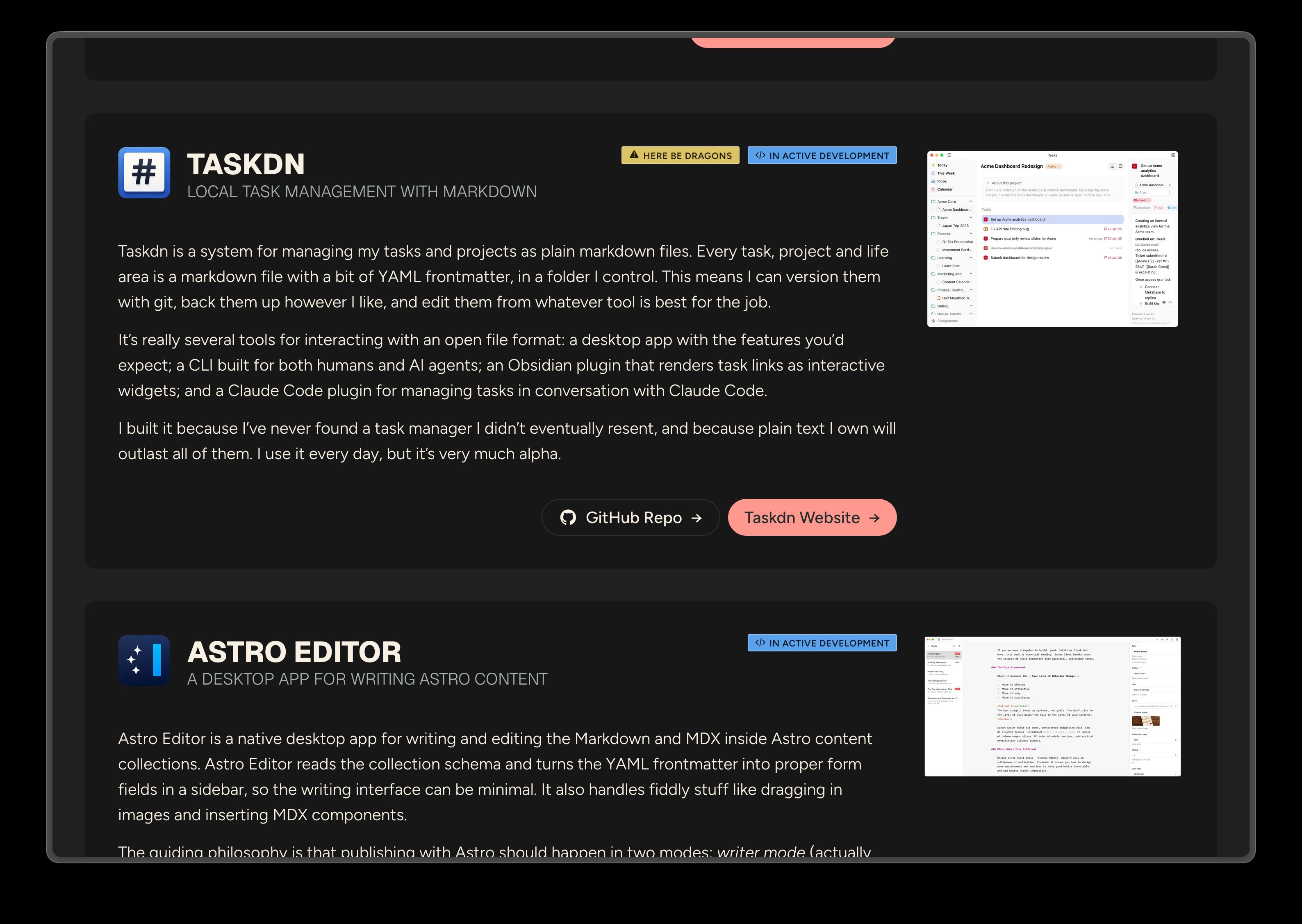 The /making page in dark mode, showing large ProjectCards for Taskdn and Astro Editor, each with an icon, byline, status badges, description, links and a screenshot.