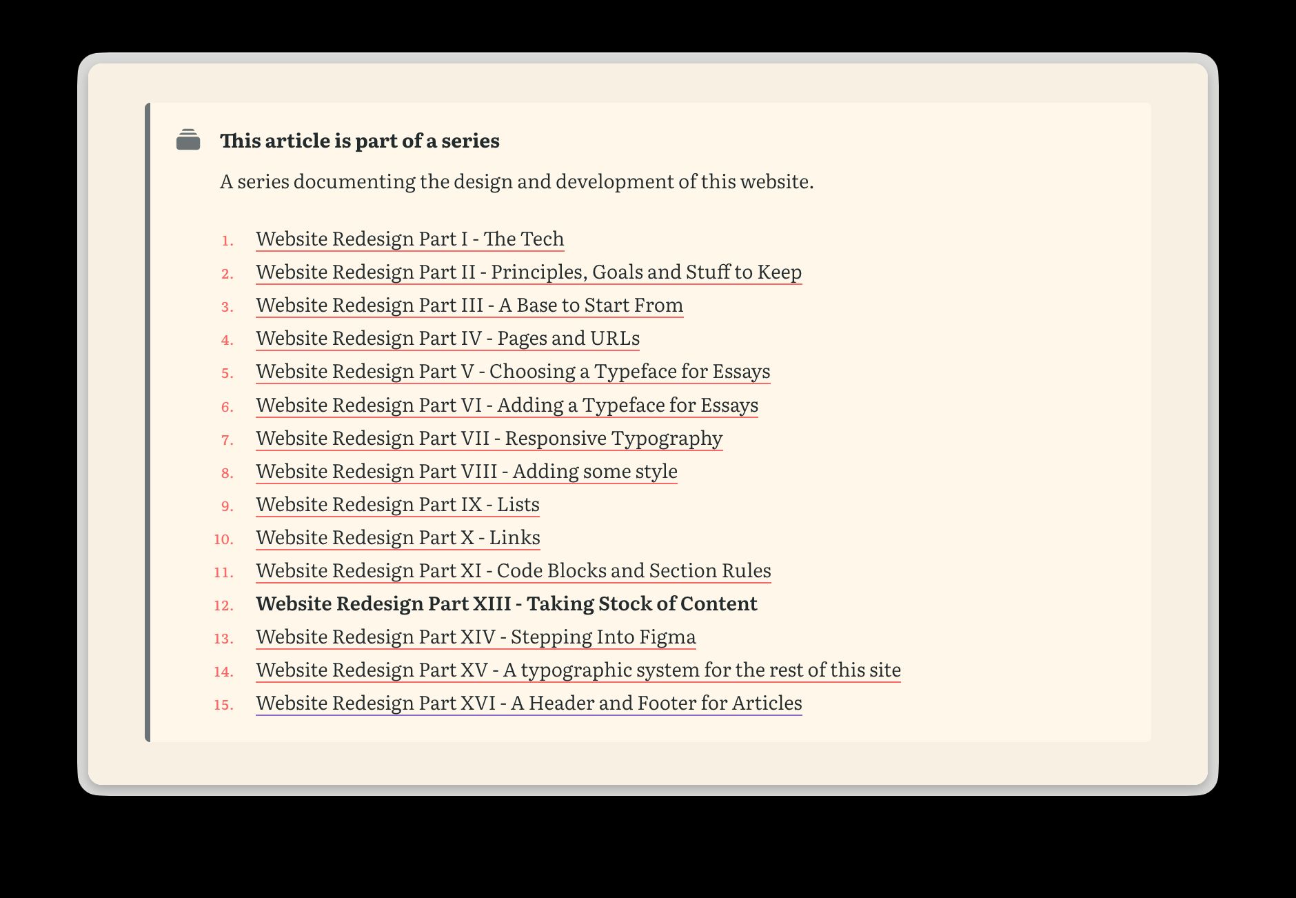 A “This article is part of a series” callout listing the numbered Website Redesign articles, with the current article shown in bold.