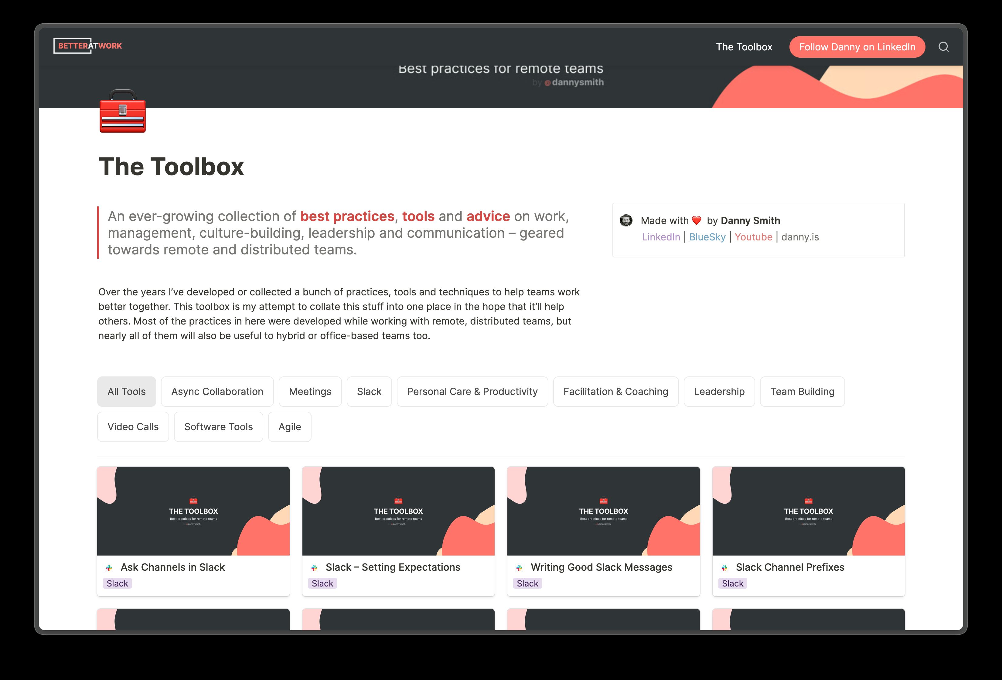 The Toolbox index on betterat.work – an intro, category filter buttons and a grid of tool cards