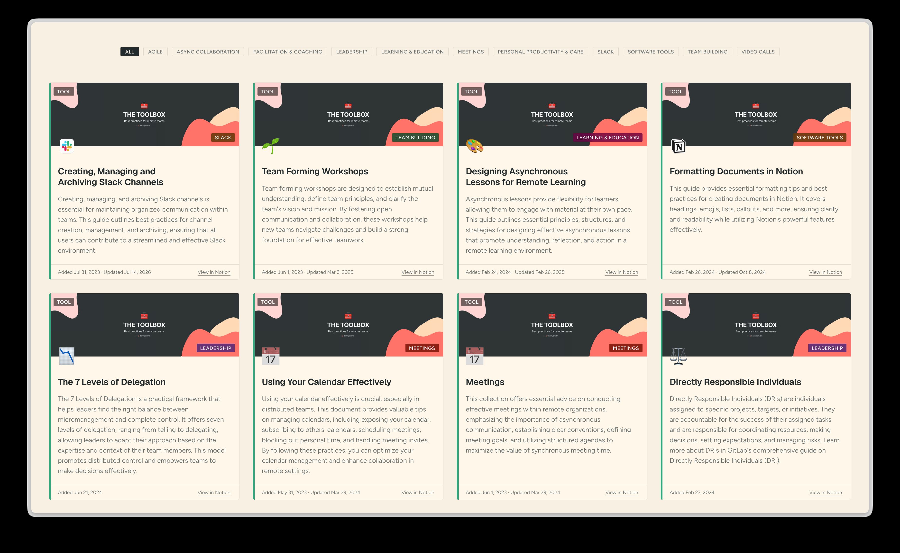 The new toolbox page on this site – category filter buttons above a grid of tool cards, each with a cover image, icon, summary and dates