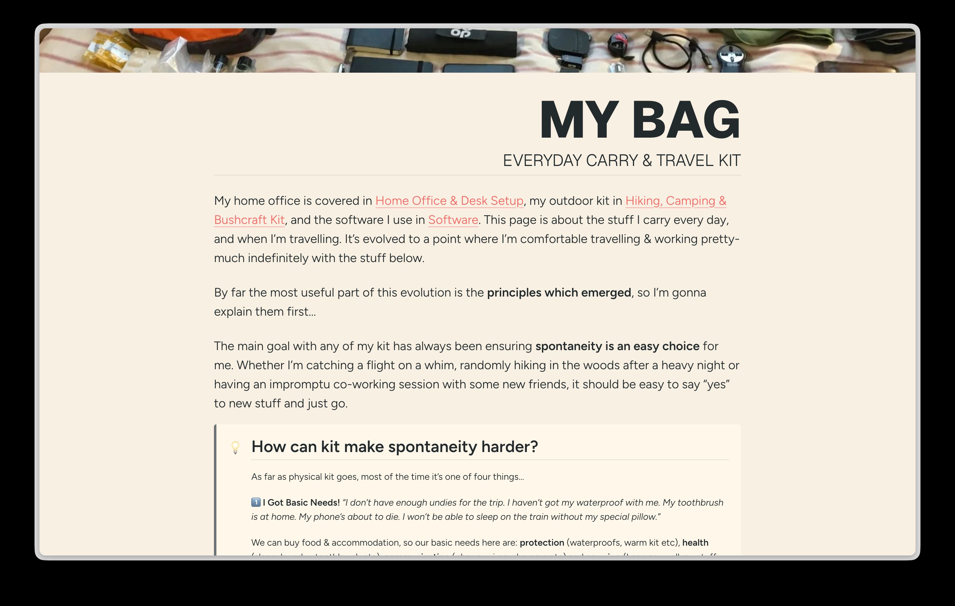Screenshot of my new uses page on my bag and its contents