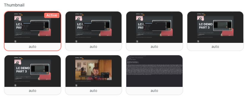 The admin app’s thumbnail picker: a grid of seven auto-extracted candidate frames from the recording, each labelled “auto”, with the first outlined in red and marked “Active” as the chosen poster image.