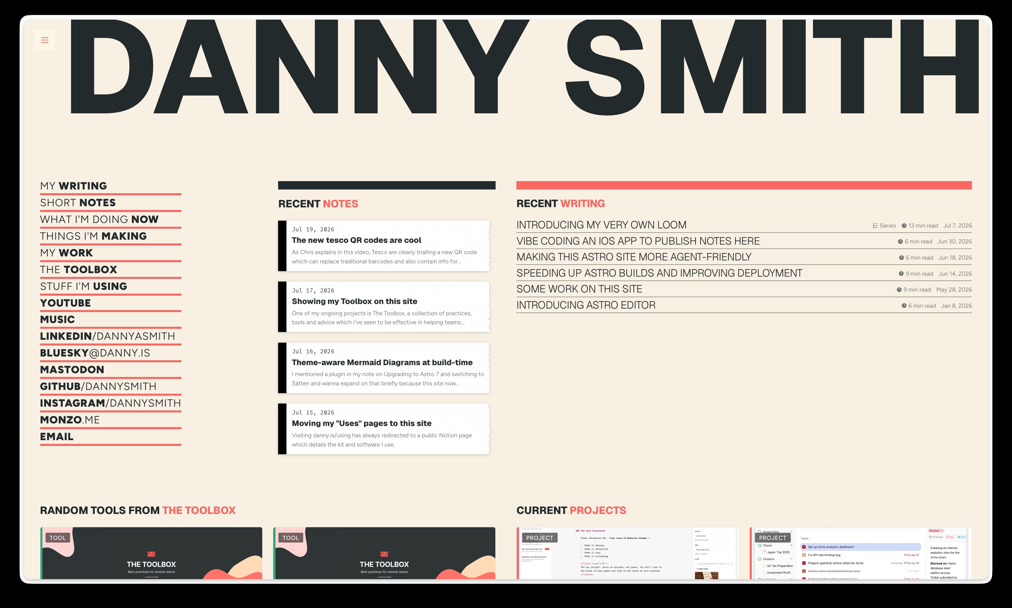 The redesigned homepage in light mode, showing recent articles and torn-paper note cards