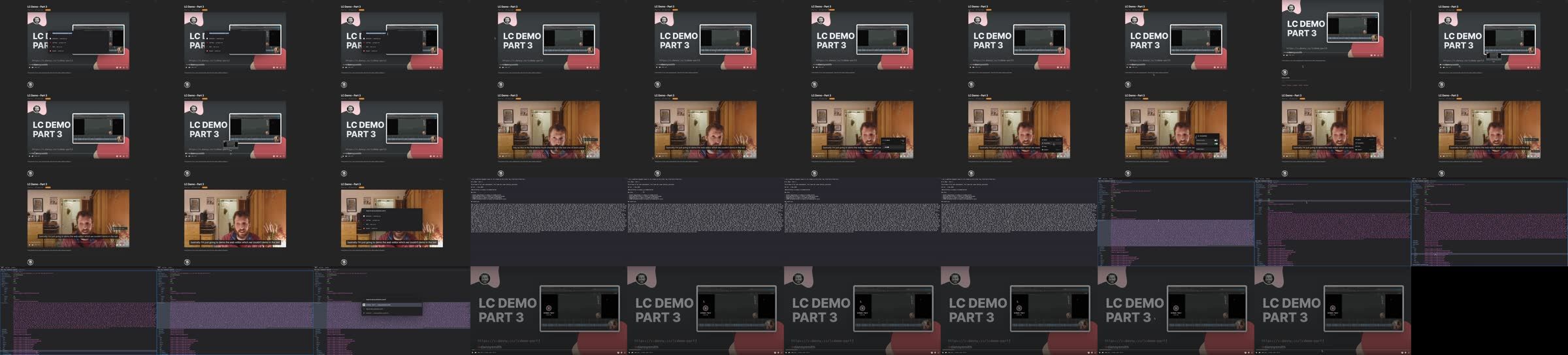 A grid of small thumbnail frames sampled across a recording, used as scrubbing previews — showing the intro title card, screen shares and talking-to-camera shots.