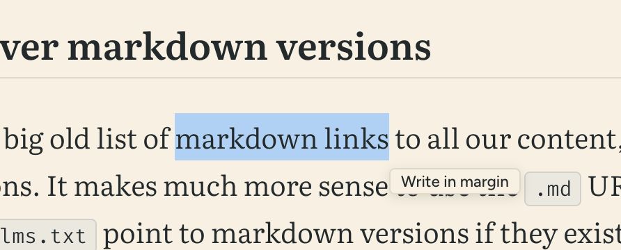 The words “markdown links” selected in an article, with a small “Write in margin” button floating just below the selection