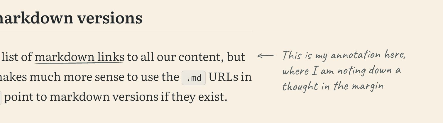 The saved annotation in the margin, with a hand-drawn underline beneath “markdown links” and an inked arrow pointing from the note to that line
