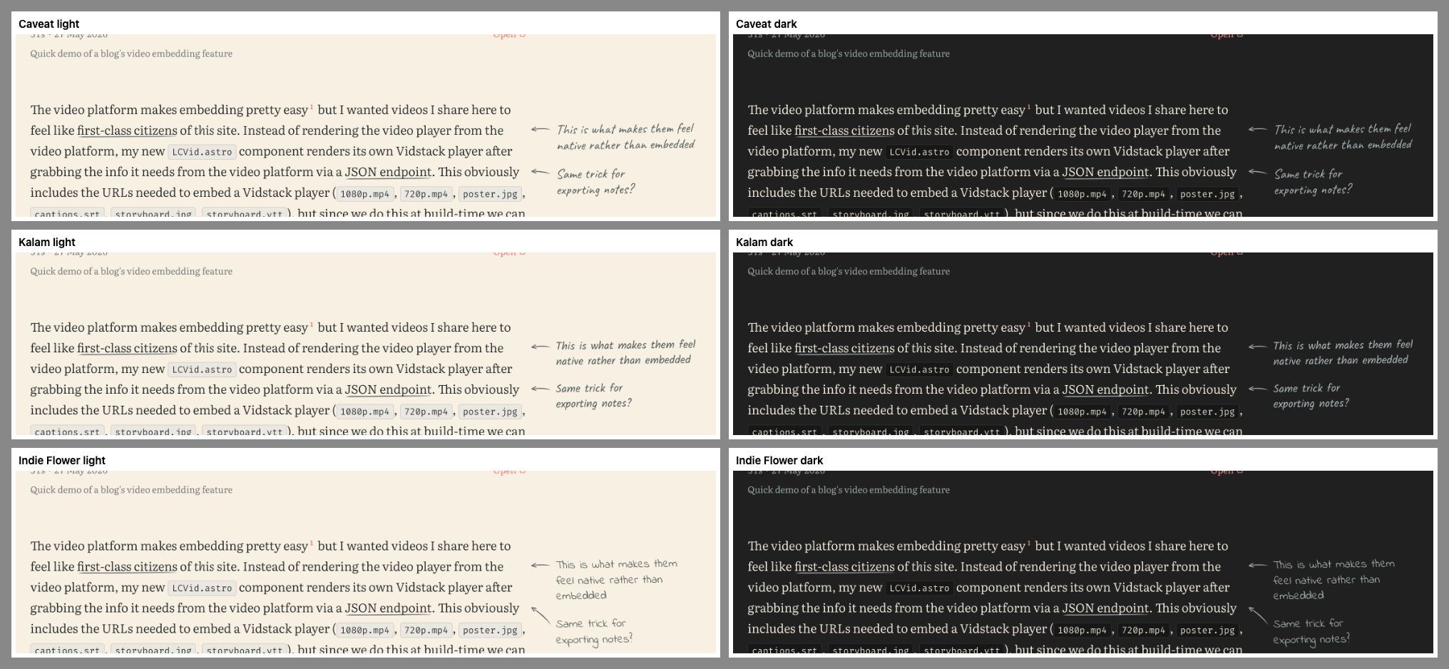 A grid comparing the same two margin annotations set in Caveat, Kalam and Indie Flower, each shown in light and dark mode
