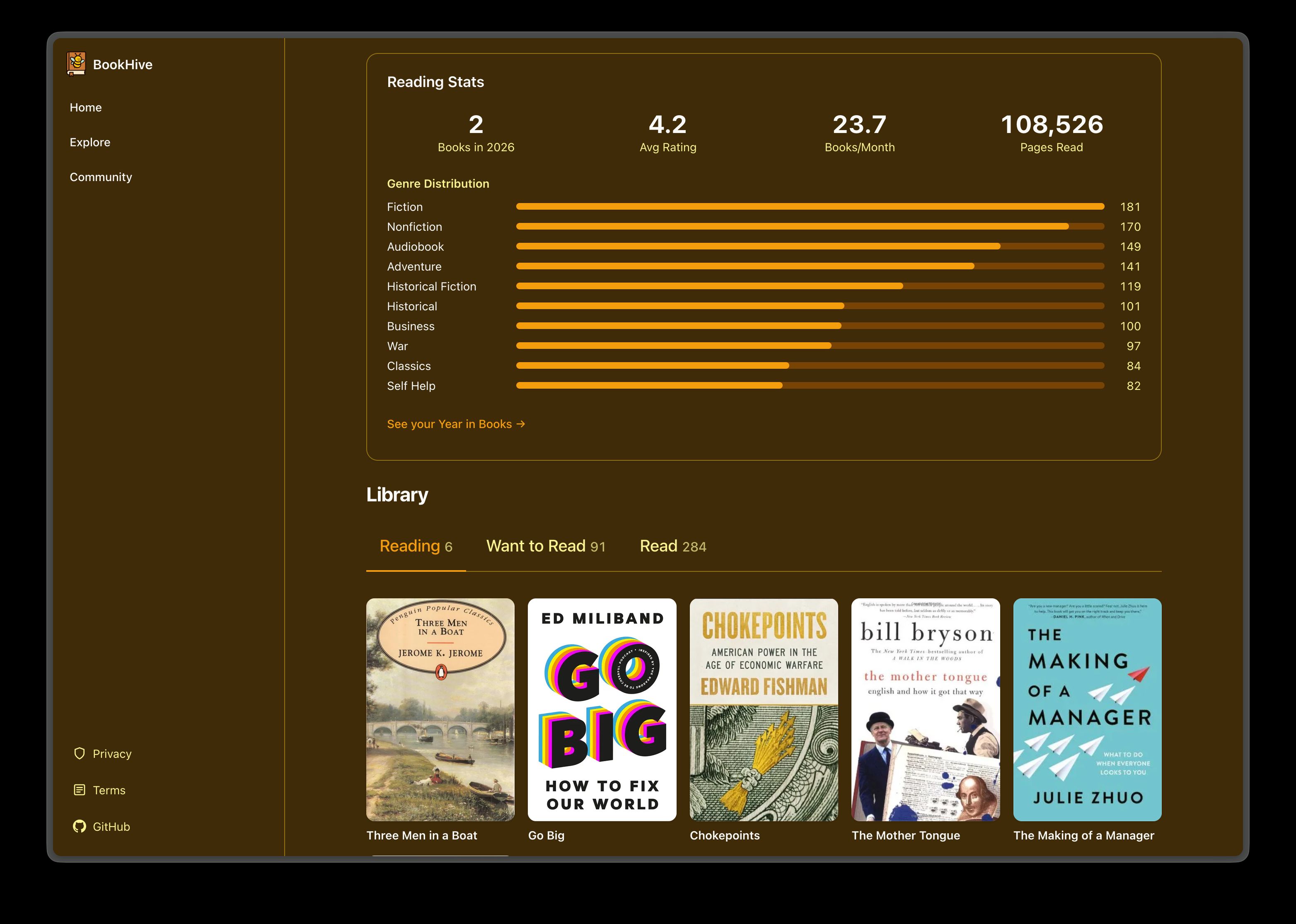 Screenshot of the bookhive homepage