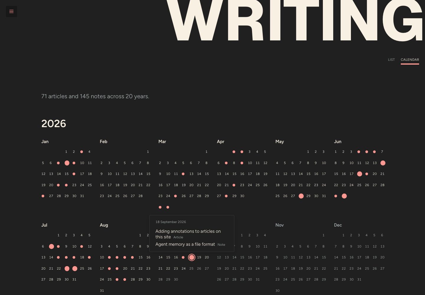 The same writing calendar and popover in dark mode