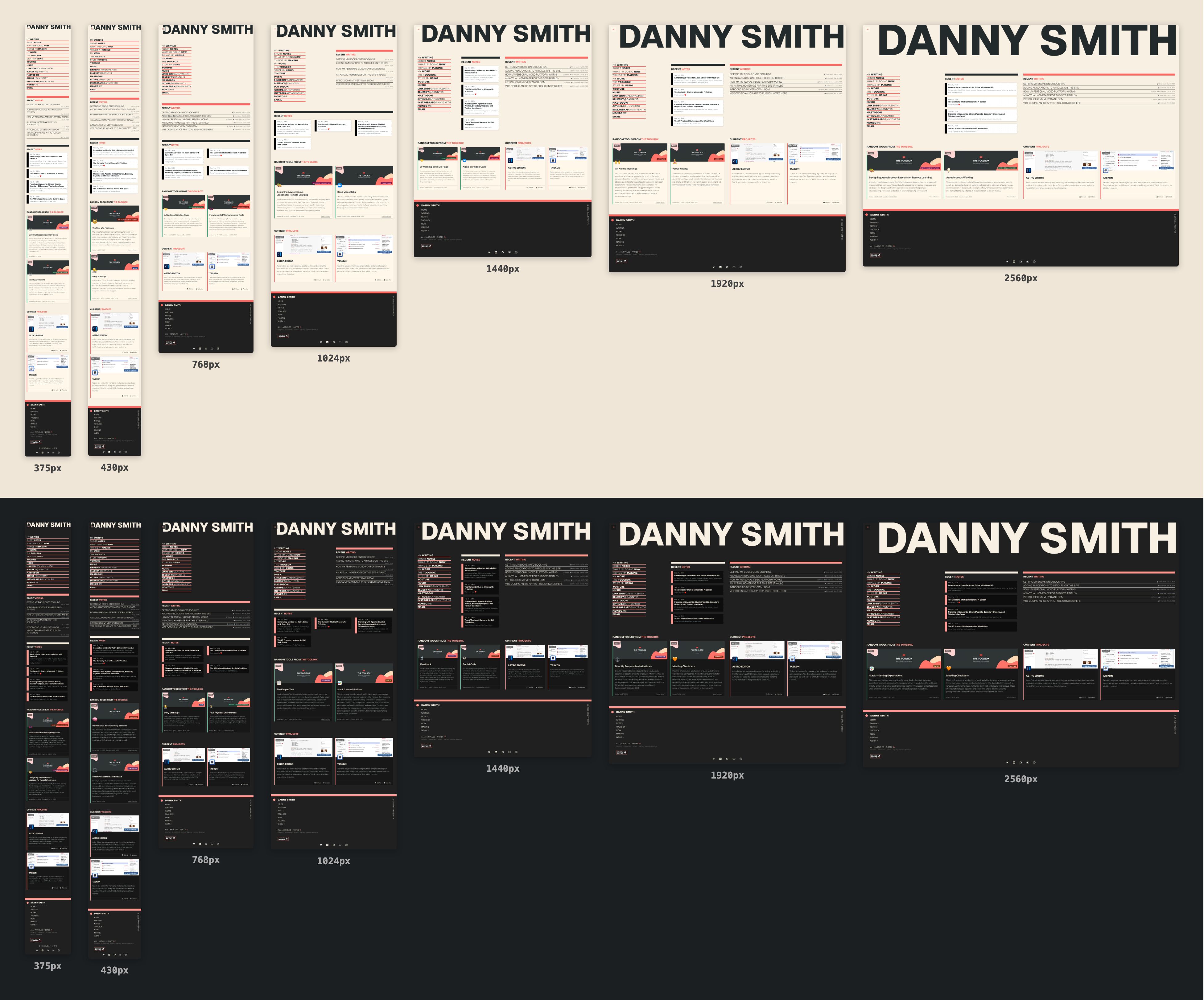 Fourteen full-page screenshots of the danny.is homepage laid out side by side at the same scale: a light-mode row above a dark-mode row, each going from a narrow 375px phone layout up to a wide 2560px desktop layout