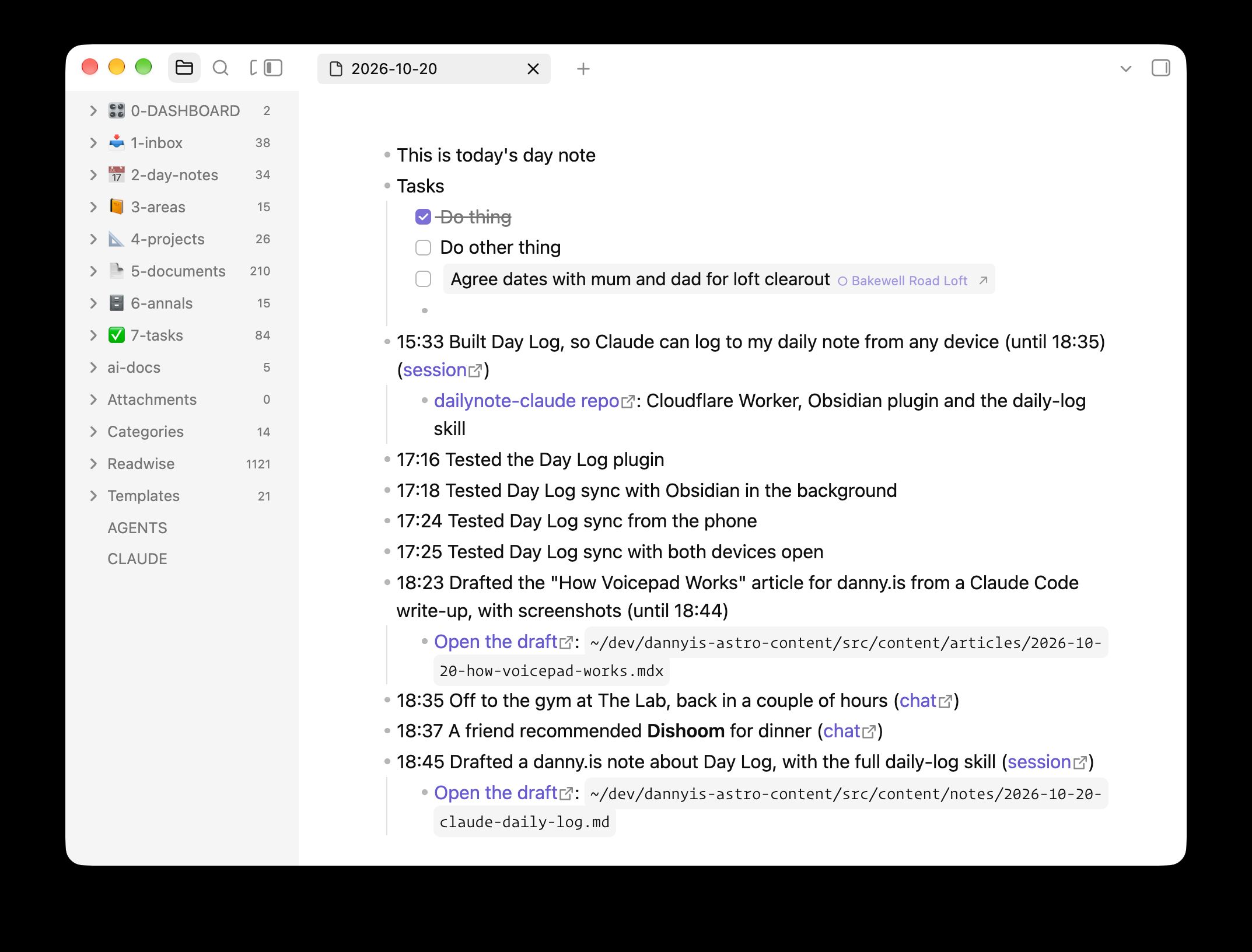 My daily note in Obsidian, with timestamped entries added by Claude