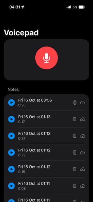 The Voicepad iPhone app: a big red record button above a list of notes, each with a play button, its length and an icon for the device it came from