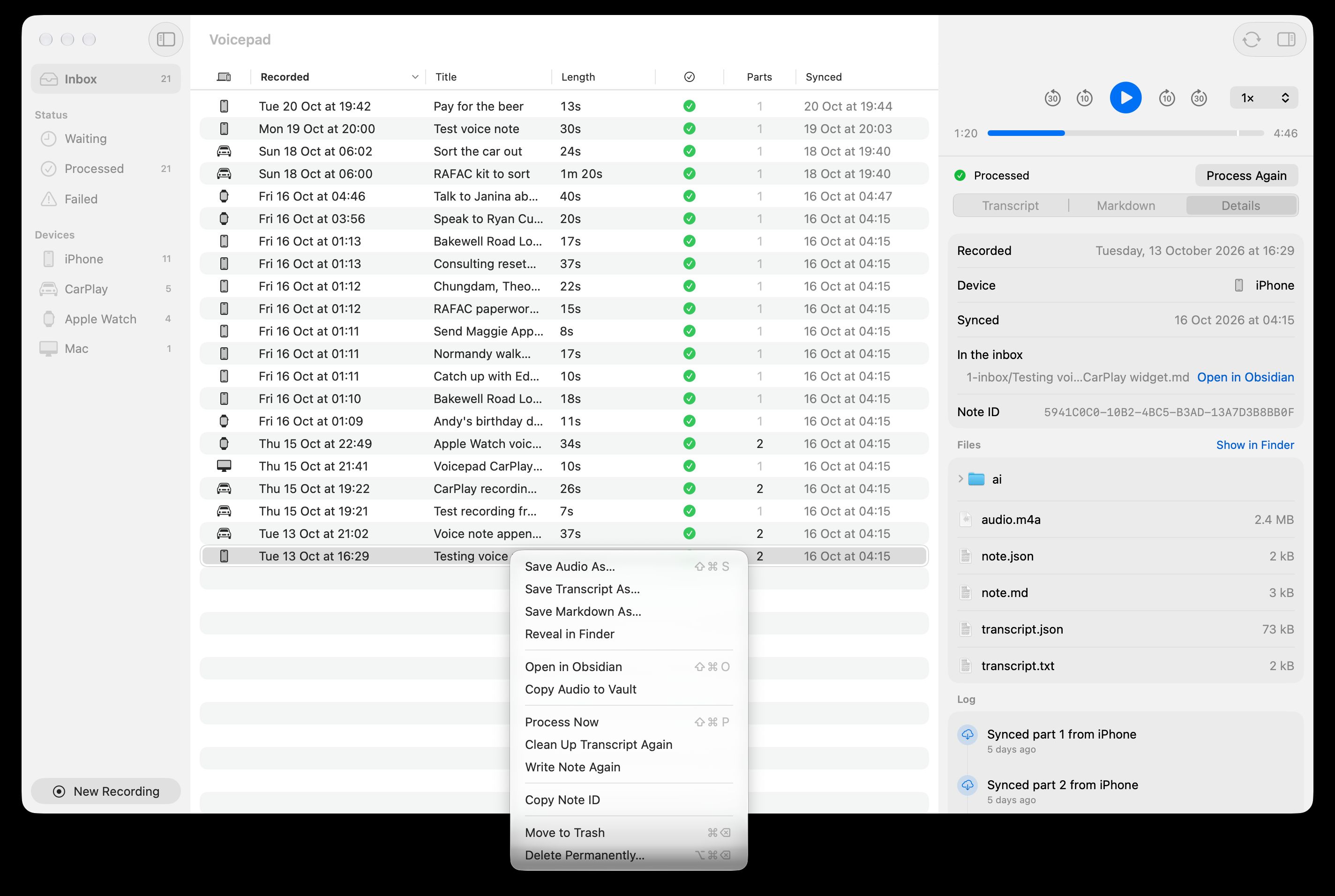 The right-click menu for a note in the Mac app: save the audio, transcript or markdown, reveal in Finder, open in Obsidian, copy audio to vault, process now, clean up transcript again, write note again, copy note ID, move to trash and delete permanently