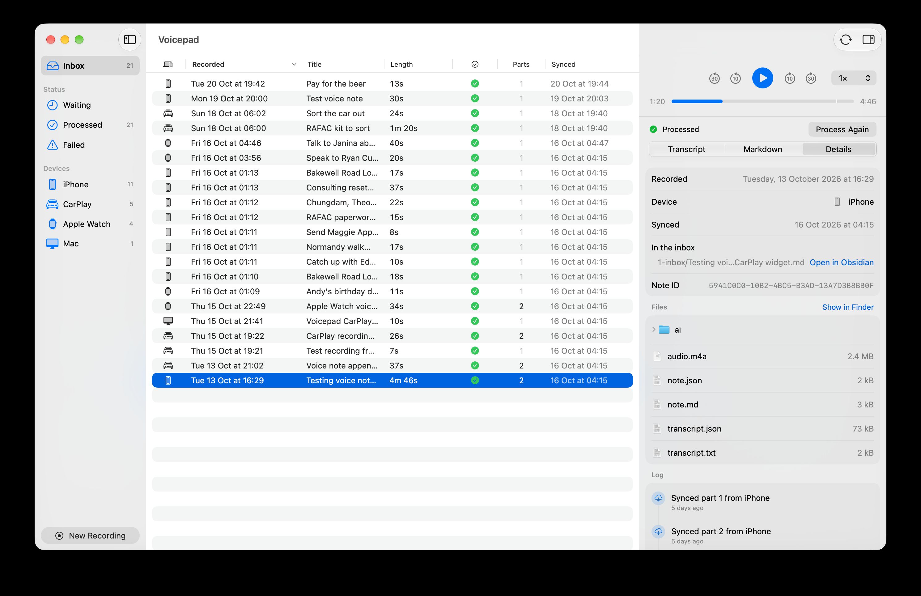 The same note in the Mac app with the Details tab open, showing when it was recorded and synced, the device, its path in the Obsidian inbox, its note ID, its files on disk and the start of its log