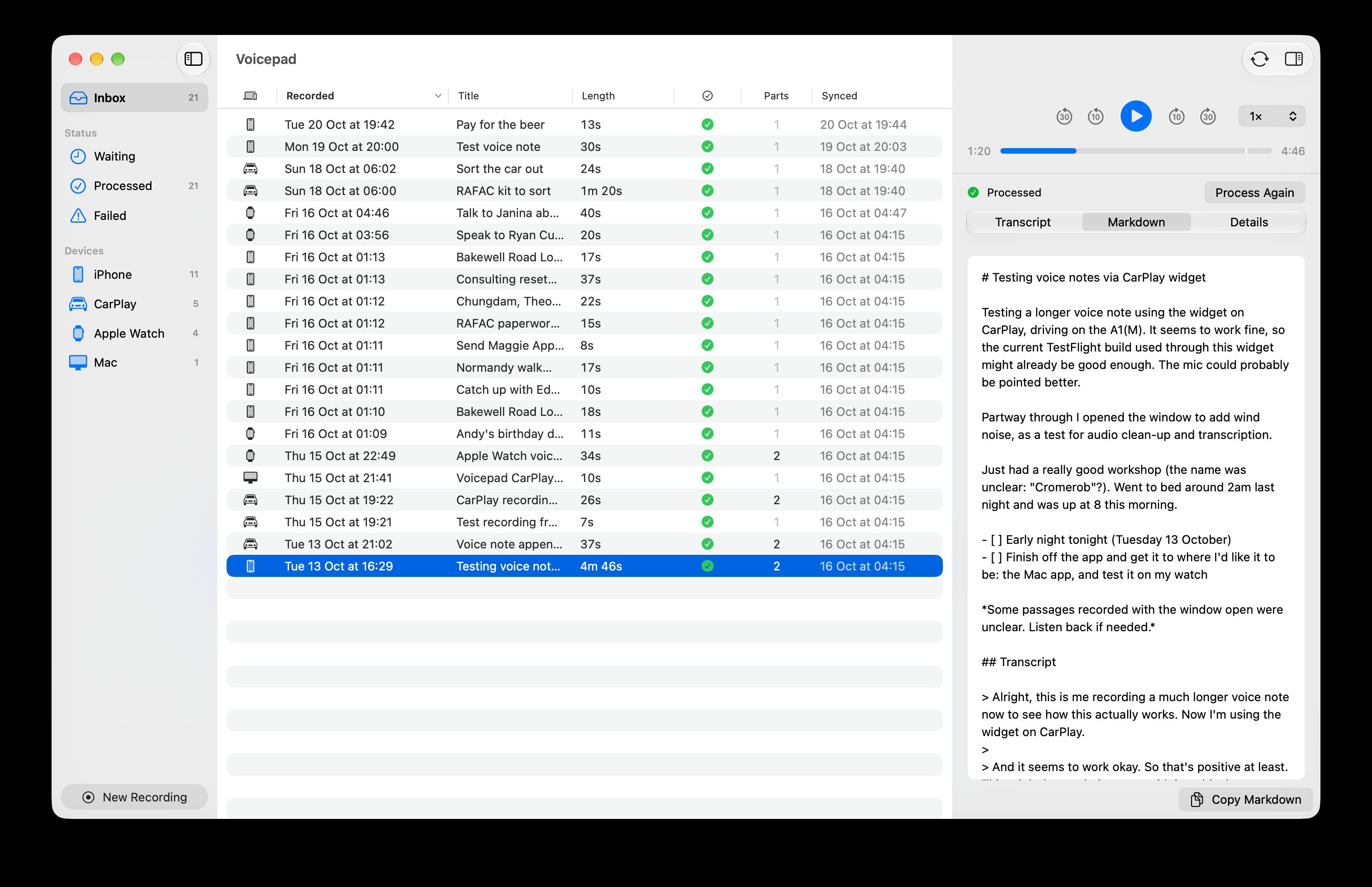 The same note in the Mac app with the Markdown tab open, showing the note’s title, a short summary, two tasks, a line saying some passages were unclear and the start of the transcript