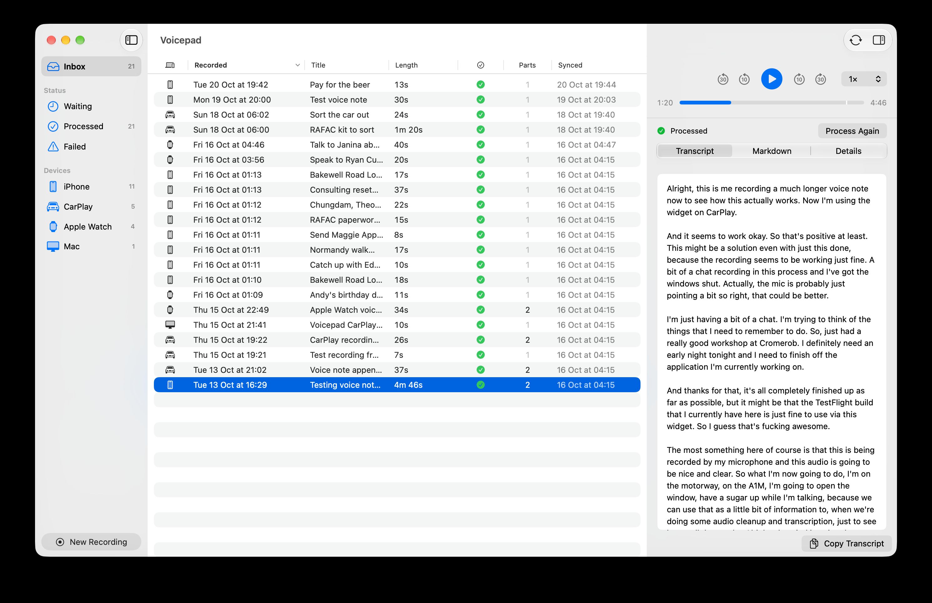 The Voicepad Mac app: a sidebar of statuses and devices, a table of notes with a 4 minute 46 second note from my iPhone selected, and the inspector’s Transcript tab showing the cleaned-up transcript in paragraphs