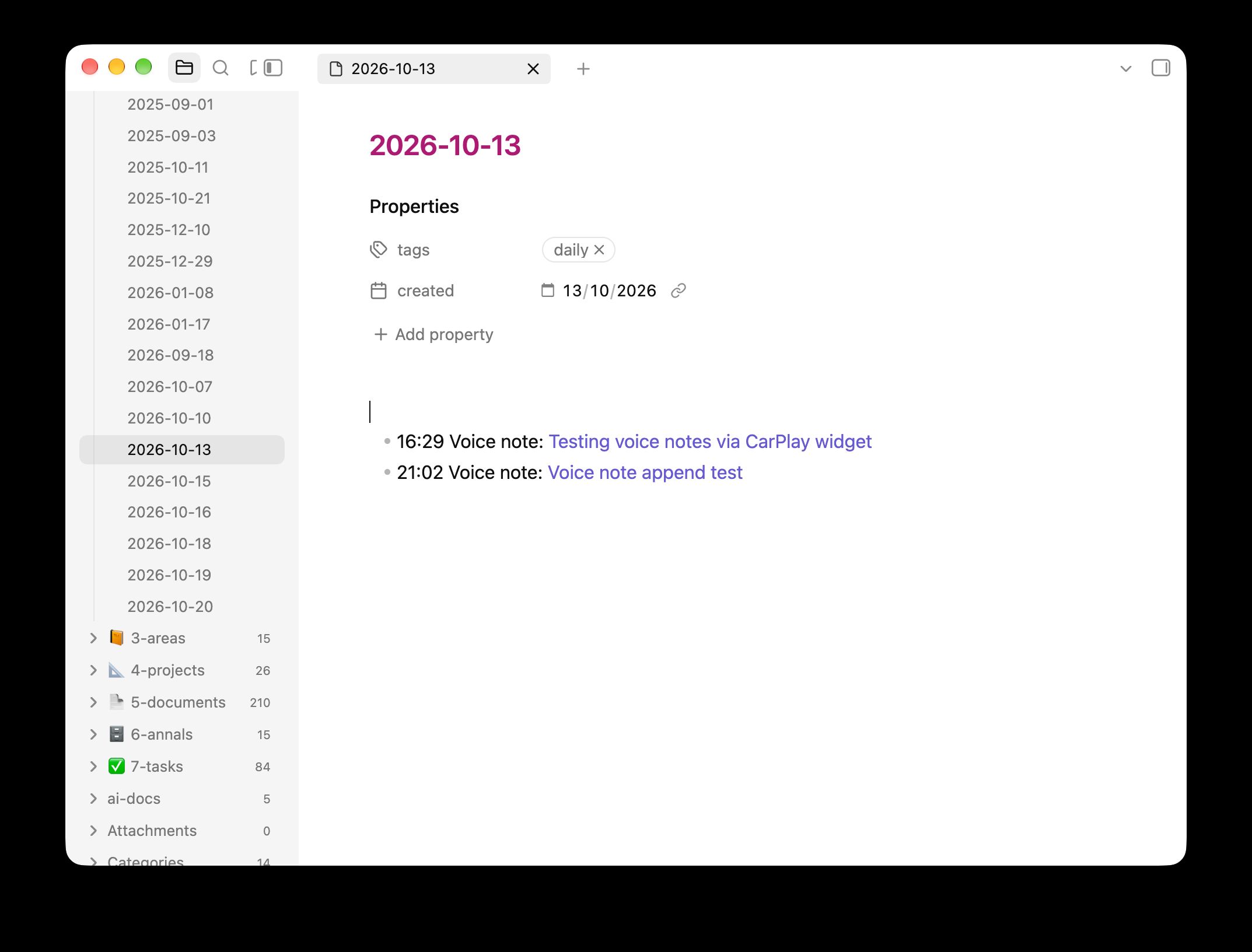 My daily note for 13 October in Obsidian, with two lines added by Voicepad: ‘16:29 Voice note: Testing voice notes via CarPlay widget’ and ‘21:02 Voice note: Voice note append test’