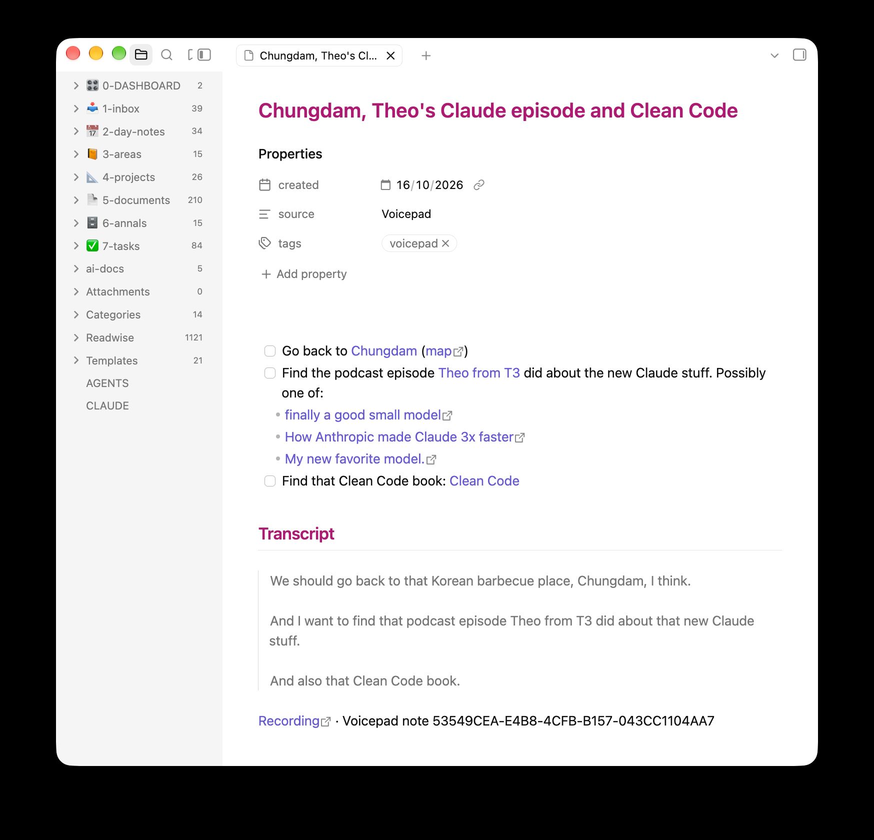 The Chungdam note in Obsidian: tasks to go back to Chungdam with a map link, to find Theo’s podcast episode with three candidate episodes linked, and to find Clean Code, followed by the transcript and a link to the recording
