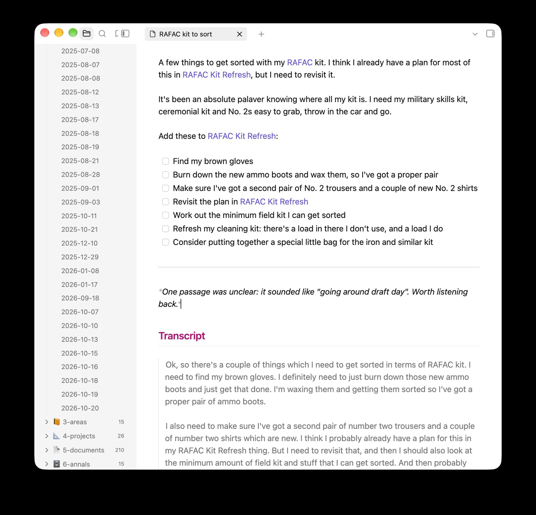 A note in Obsidian titled ‘RAFAC kit to sort’, with links to my existing RAFAC and RAFAC Kit Refresh notes, a checklist of seven tasks and a line flagging one unclear passage