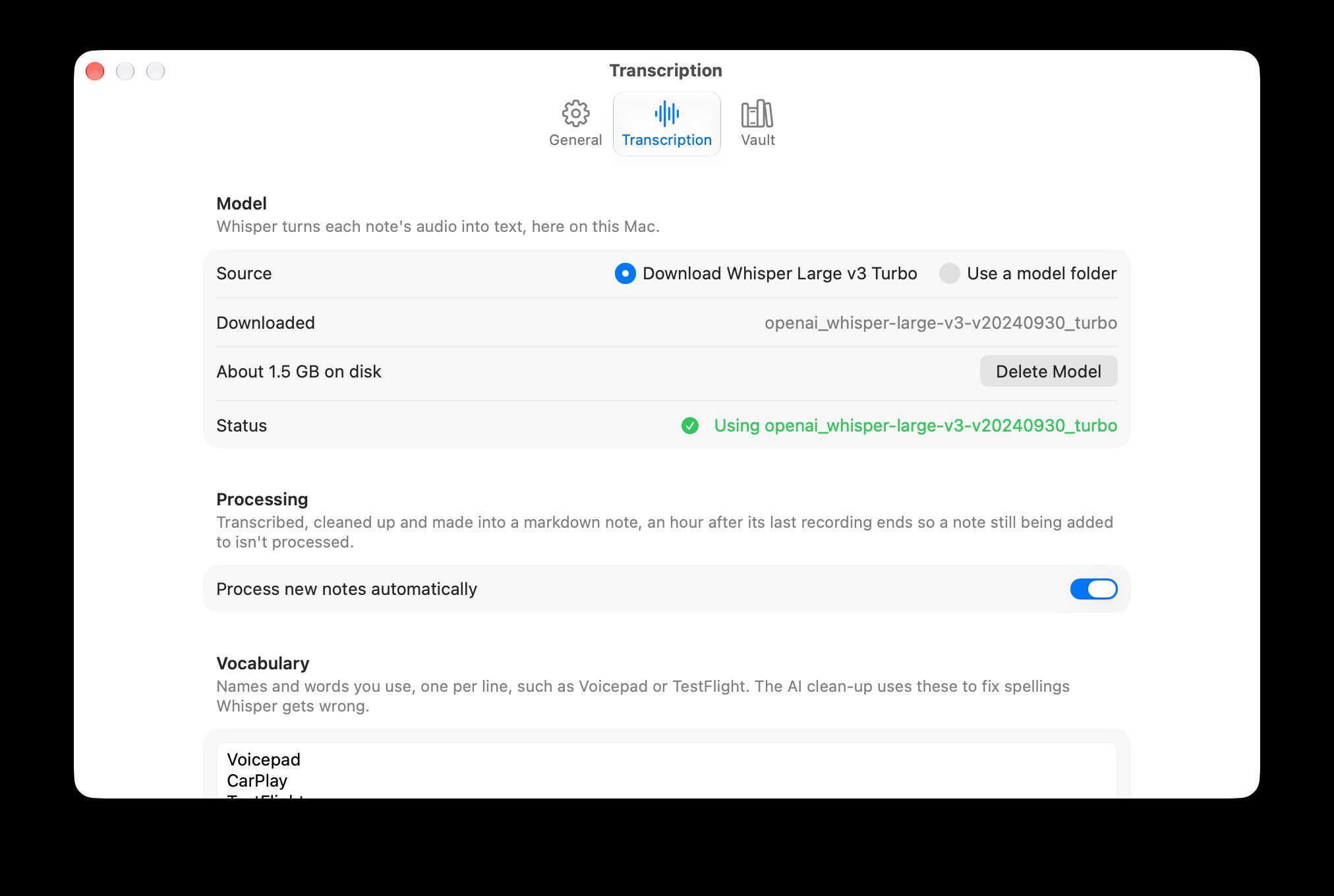 Voicepad’s Transcription settings: the downloaded Whisper Large v3 Turbo model, about 1.5 GB on disk, and a toggle to process new notes automatically an hour after the last recording ends