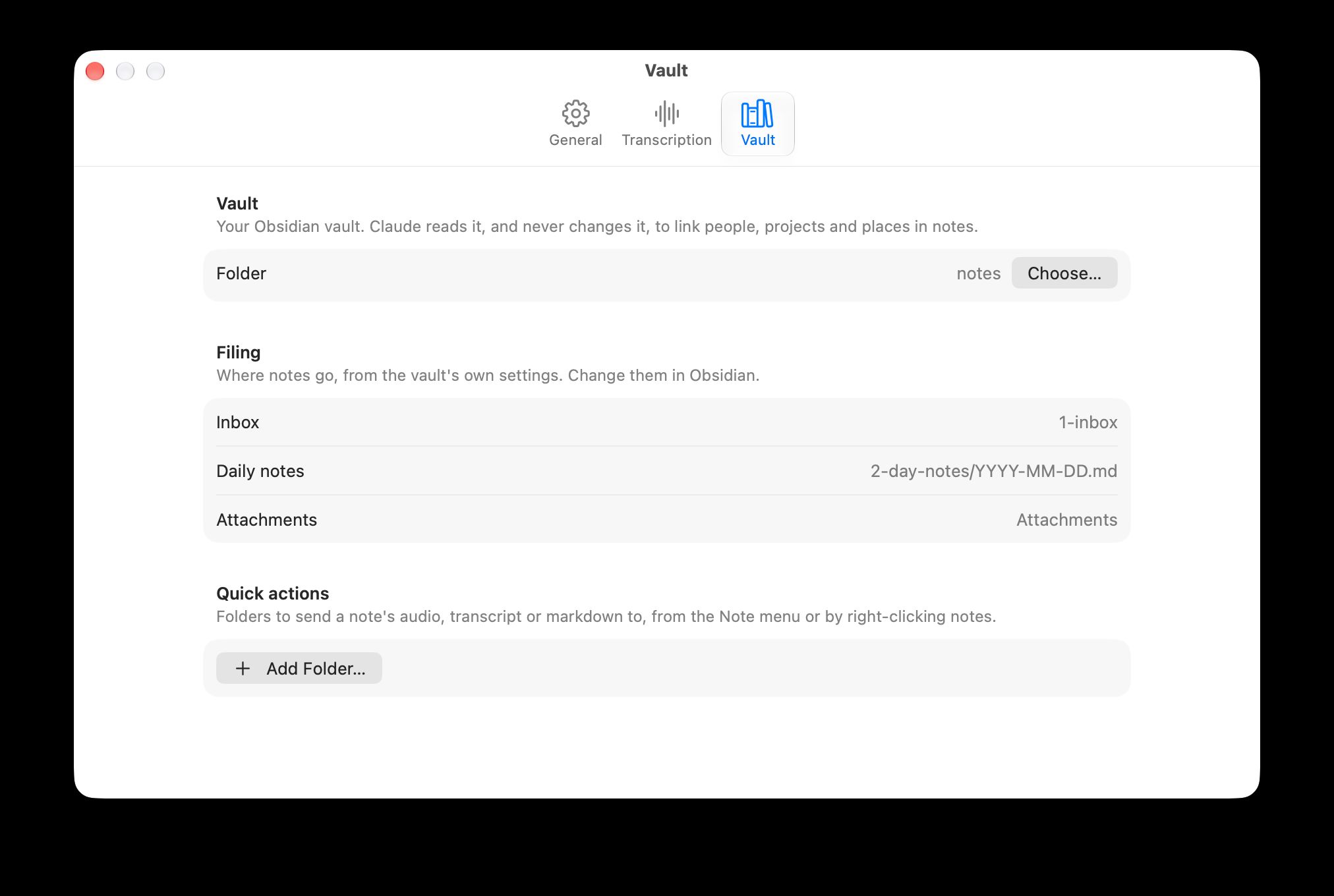 Voicepad’s Vault settings: the vault folder, which Claude reads but never changes, then the inbox, daily notes and attachments locations taken from Obsidian’s own settings, and a list of quick-action folders