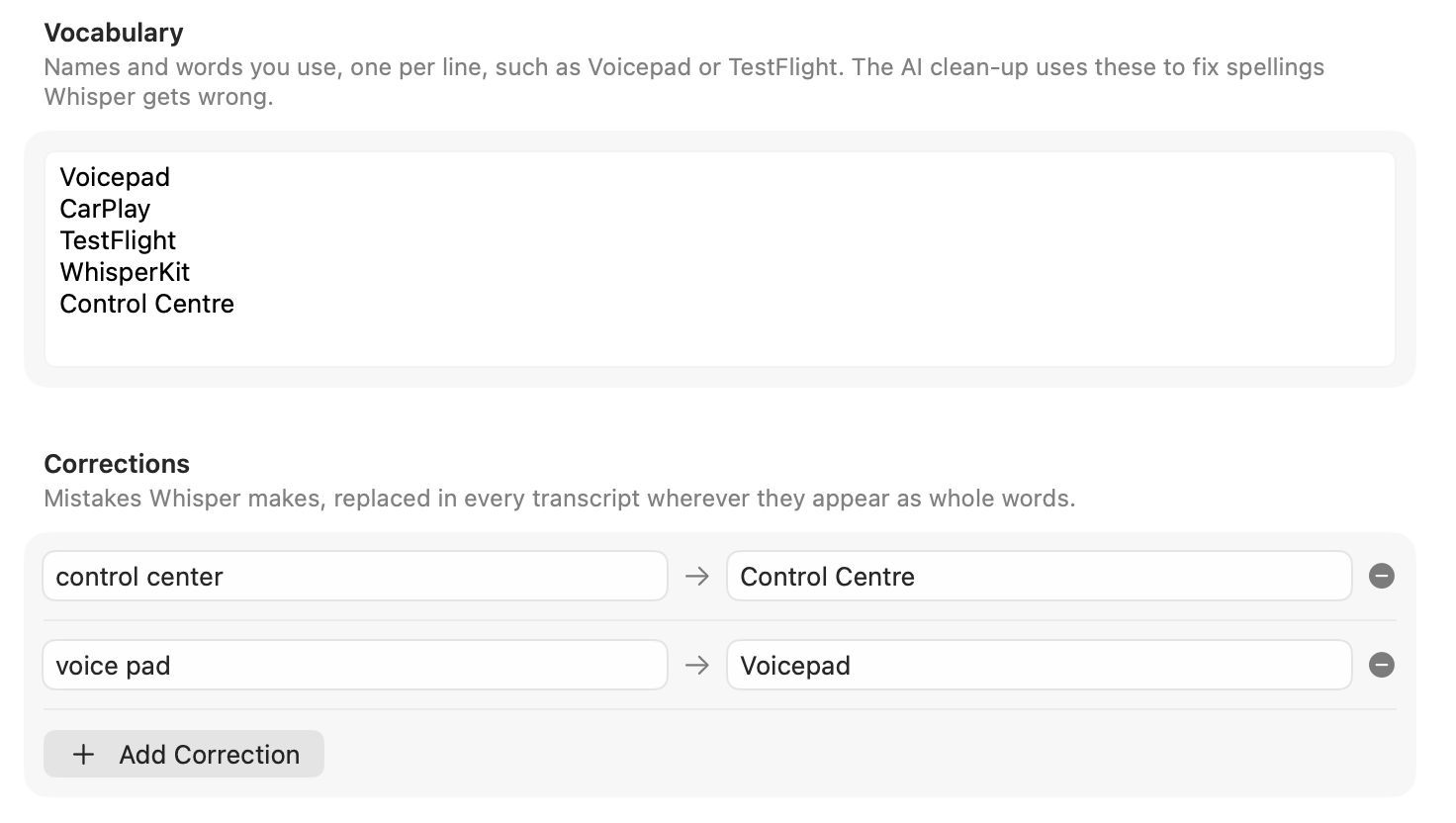 Voicepad’s Vocabulary and Corrections settings: a list of words (Voicepad, CarPlay, TestFlight, WhisperKit, Control Centre), and find-and-replace pairs such as ‘control center’ to ‘Control Centre’ and ‘voice pad’ to ‘Voicepad’