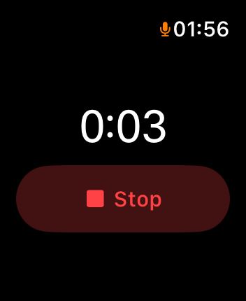 The Voicepad watch app while recording: a timer showing 0:03 above a red Stop button