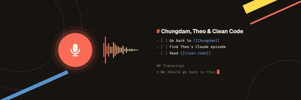A coral record button sending out a sound wave that turns into a markdown note with a heading, three checkbox tasks and wikilinks