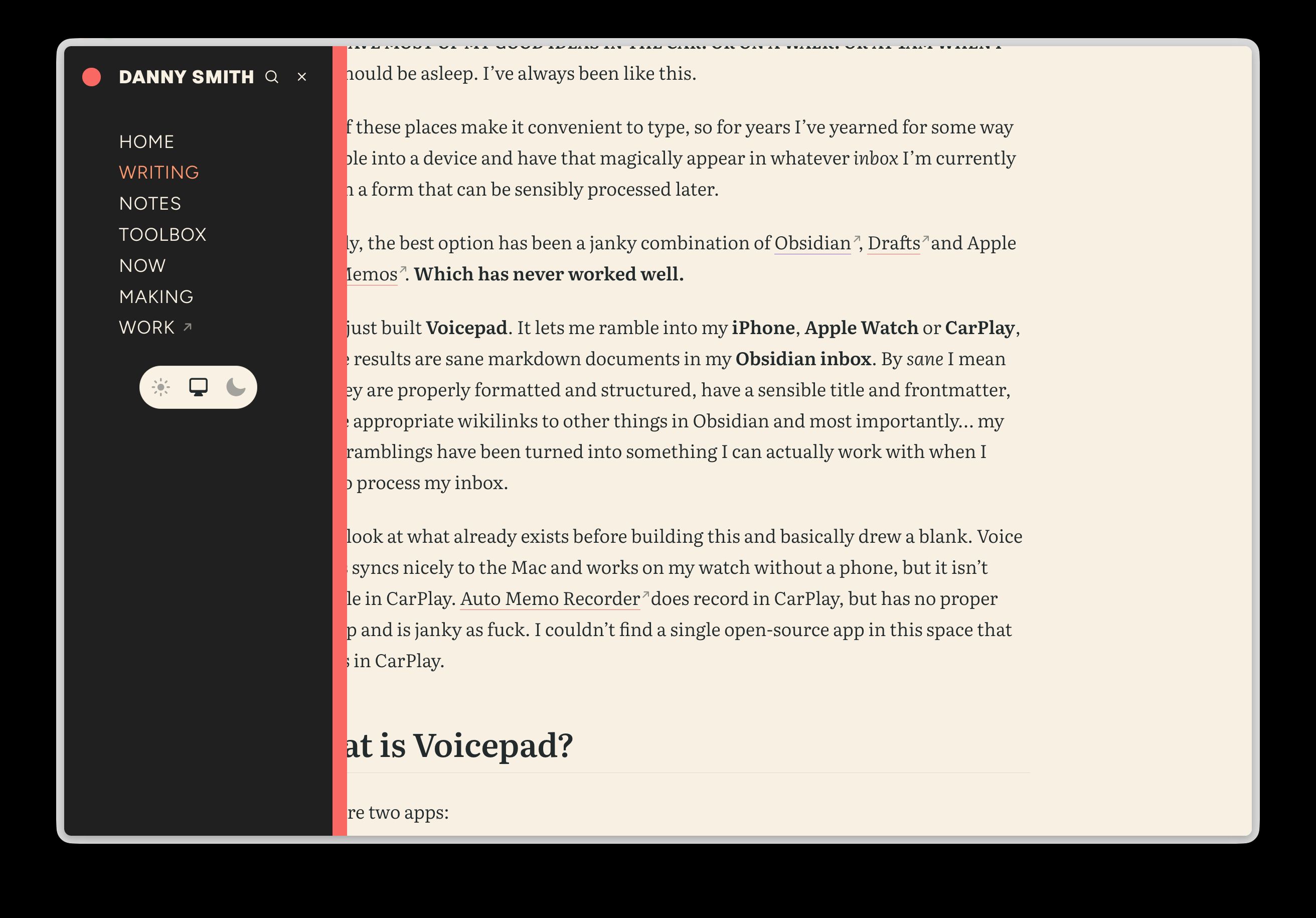 The site’s navigation open as a dark drawer on the left of an article, listing Home, Writing, Notes, Toolbox, Now, Making and Work, with search and close buttons at the top and a light, system and dark theme switcher below