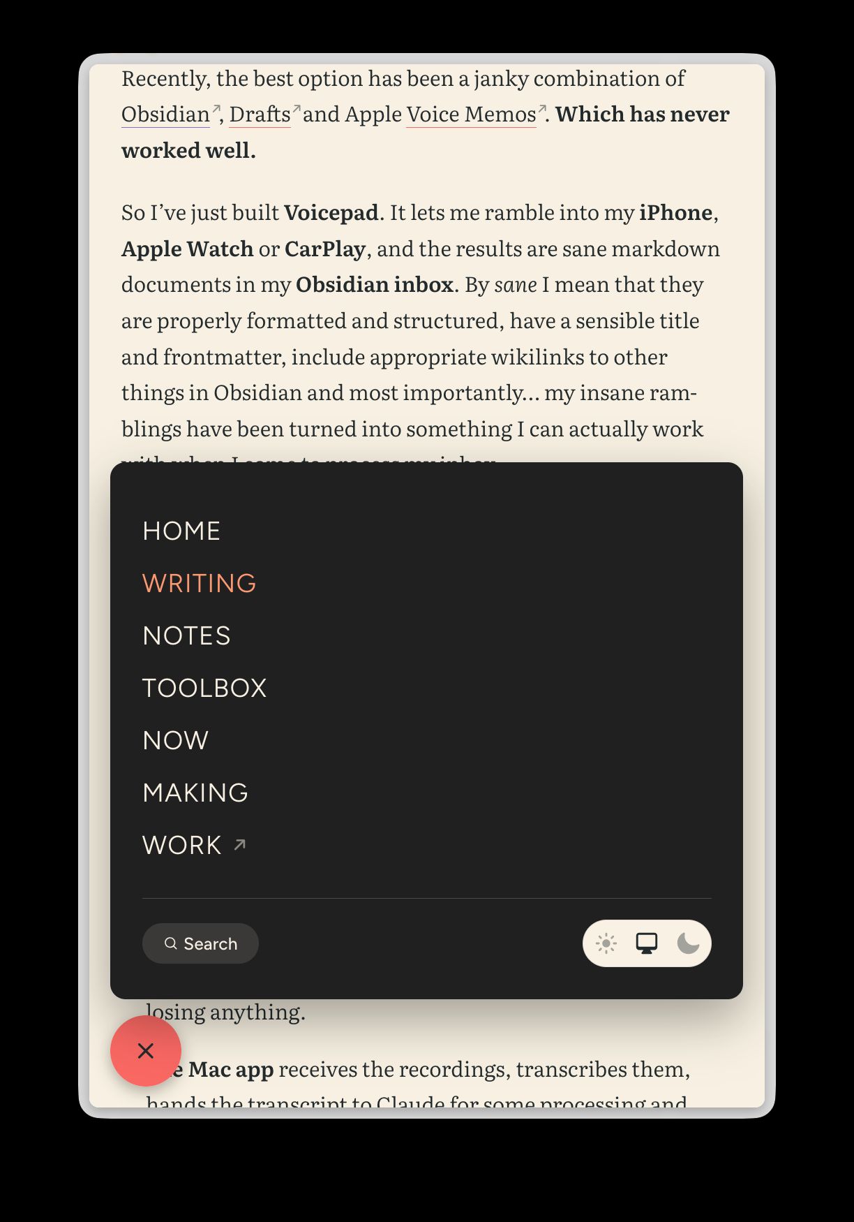 The same phone-sized screen with the menu open as a dark card just above the button, listing the navigation links with a search button and theme switcher at the bottom, and the button now showing a close icon