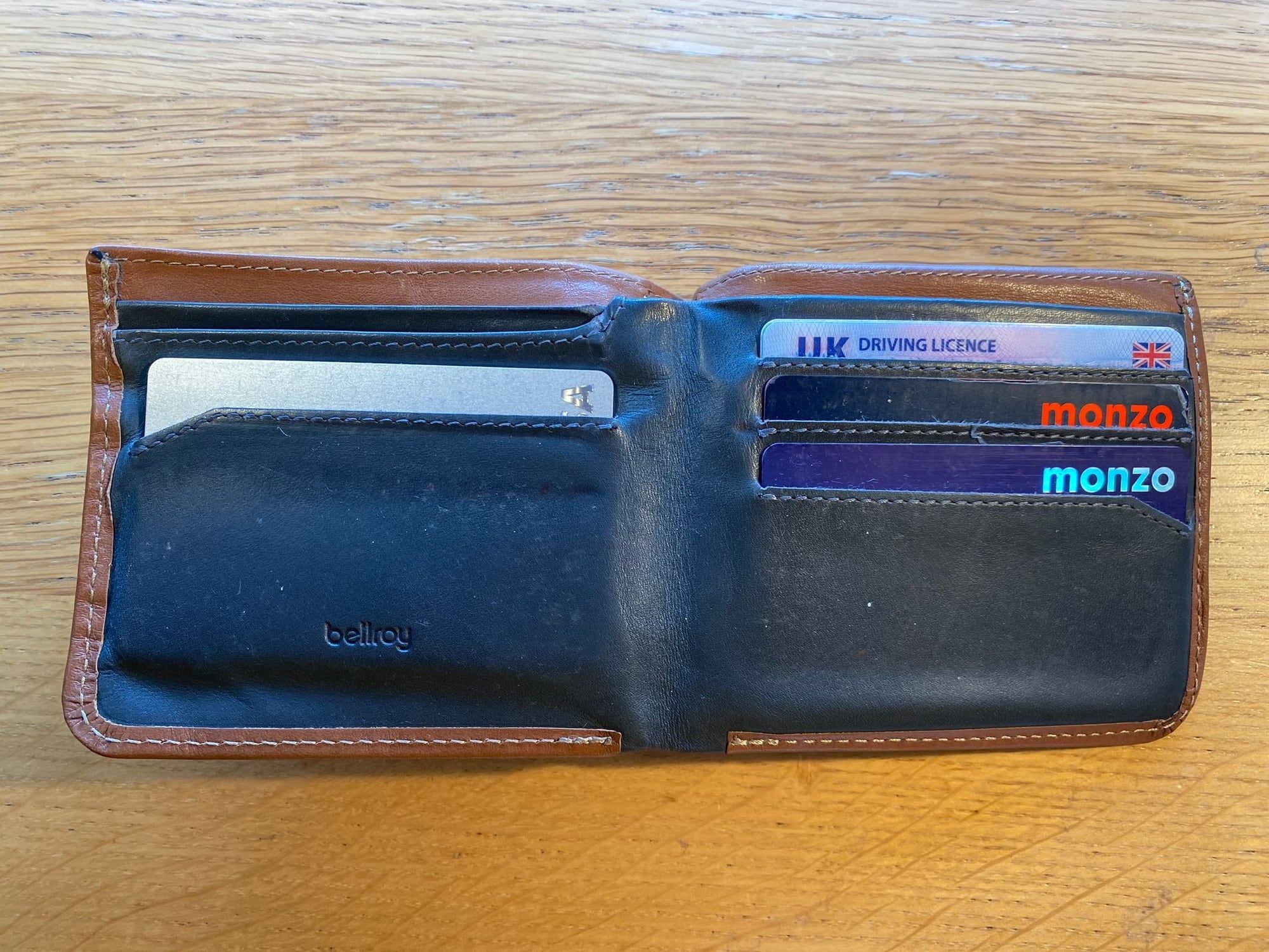 The Bellroy Hide & Seek wallet, open, showing card slots