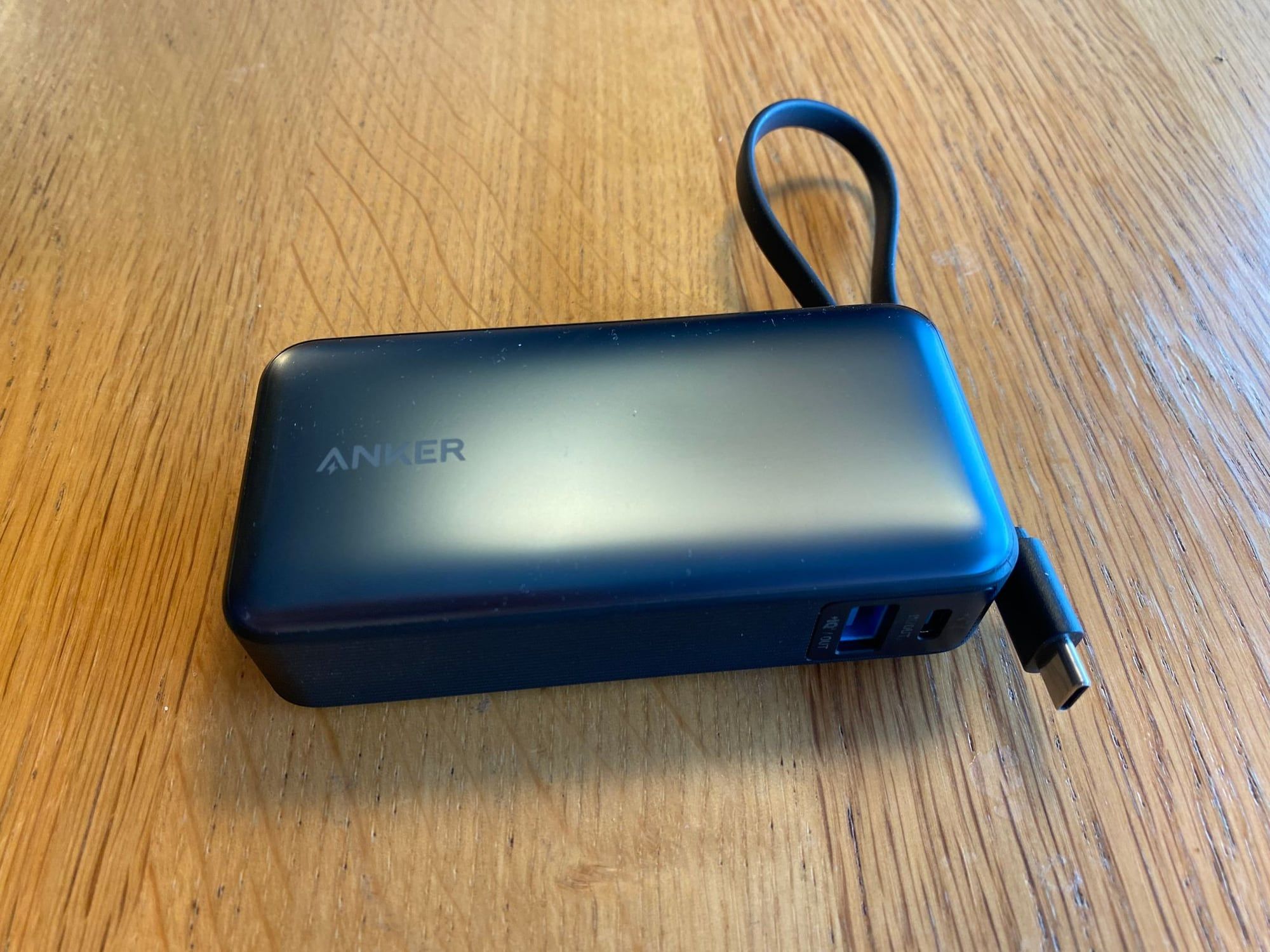 The compact Anker Nano power bank with a built-in USB-C cable