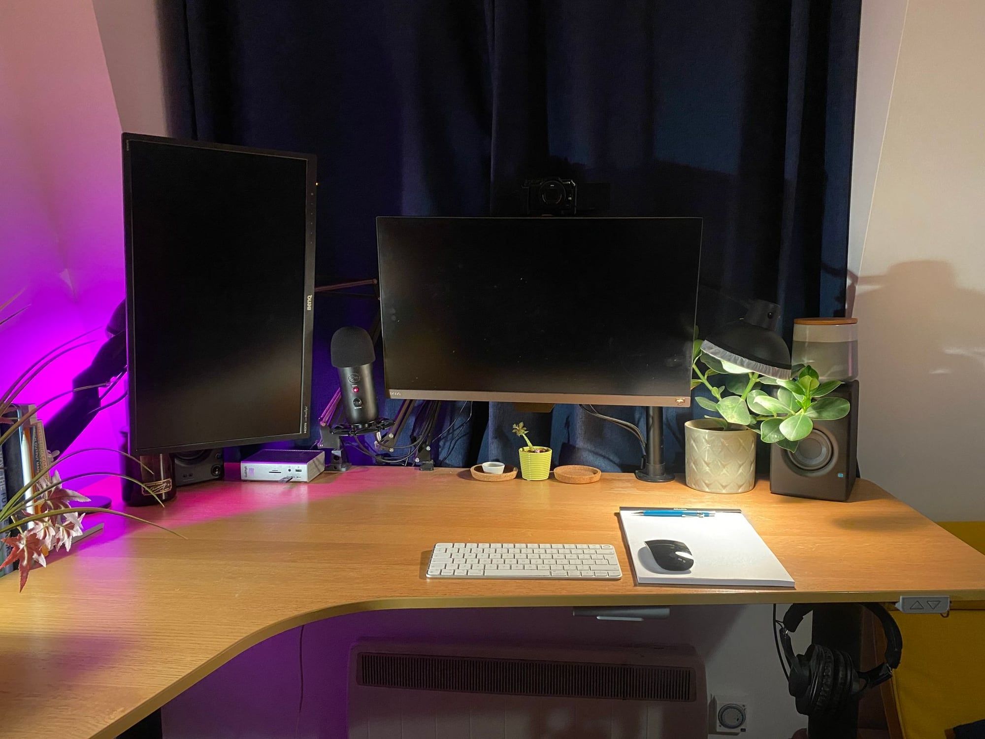 Corner desk in standing position with two monitors, keyboard and plants