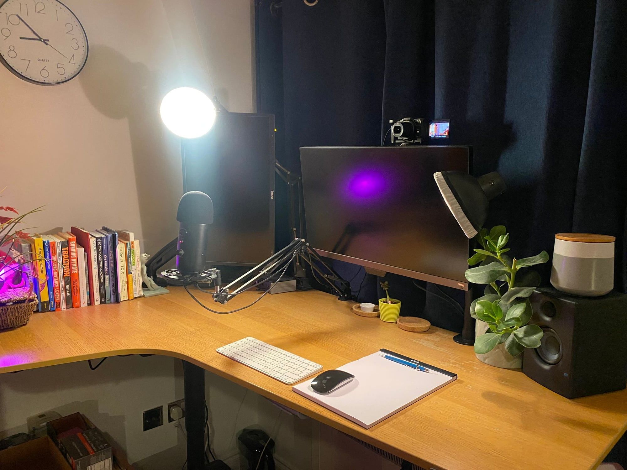 Another view of the desk lit for video recording